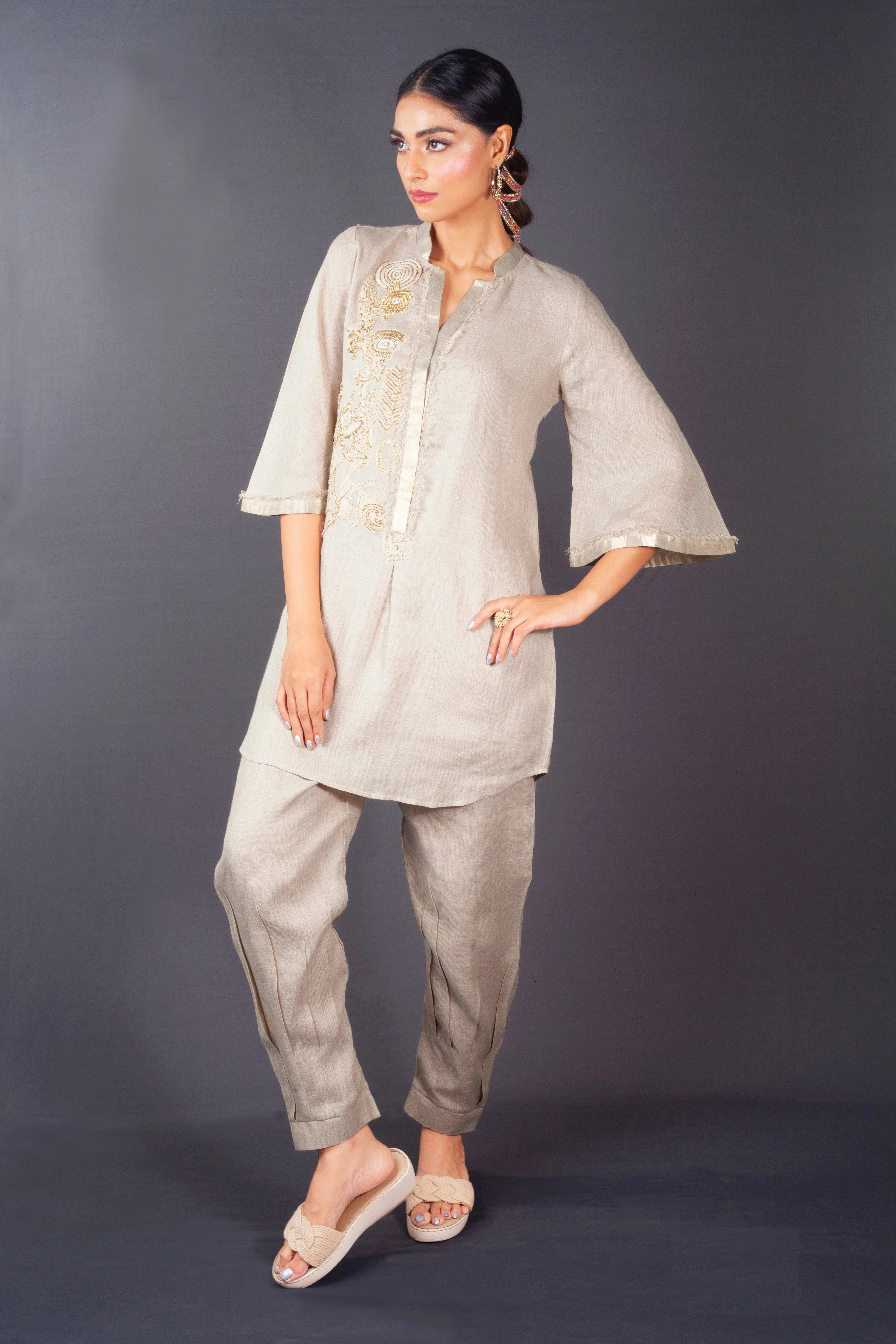 Taupe Grey Embellished Raw Silk Co-Ord Set
