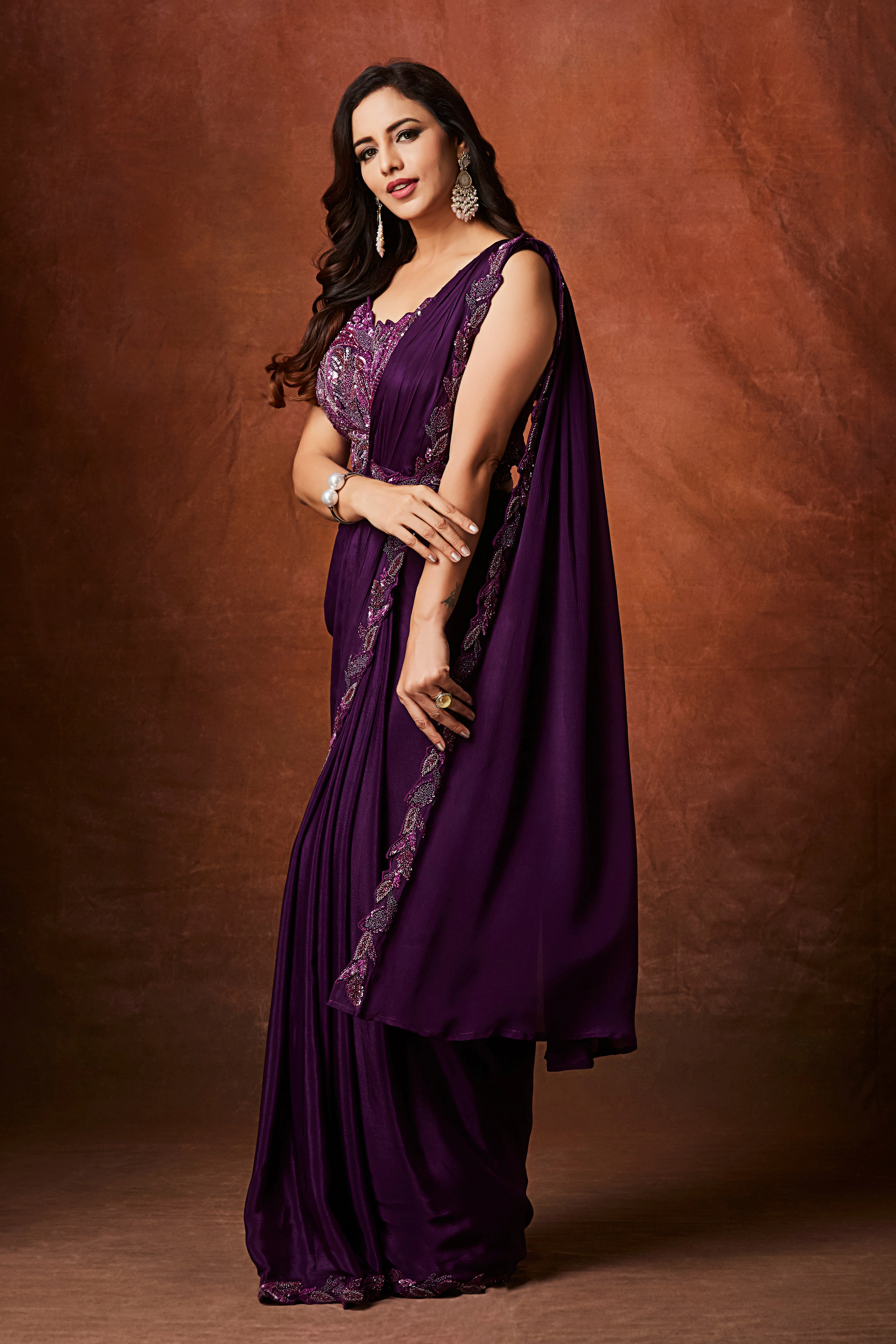 Plum Purple Embellished Chinon Silk Drape Saree - Image 3