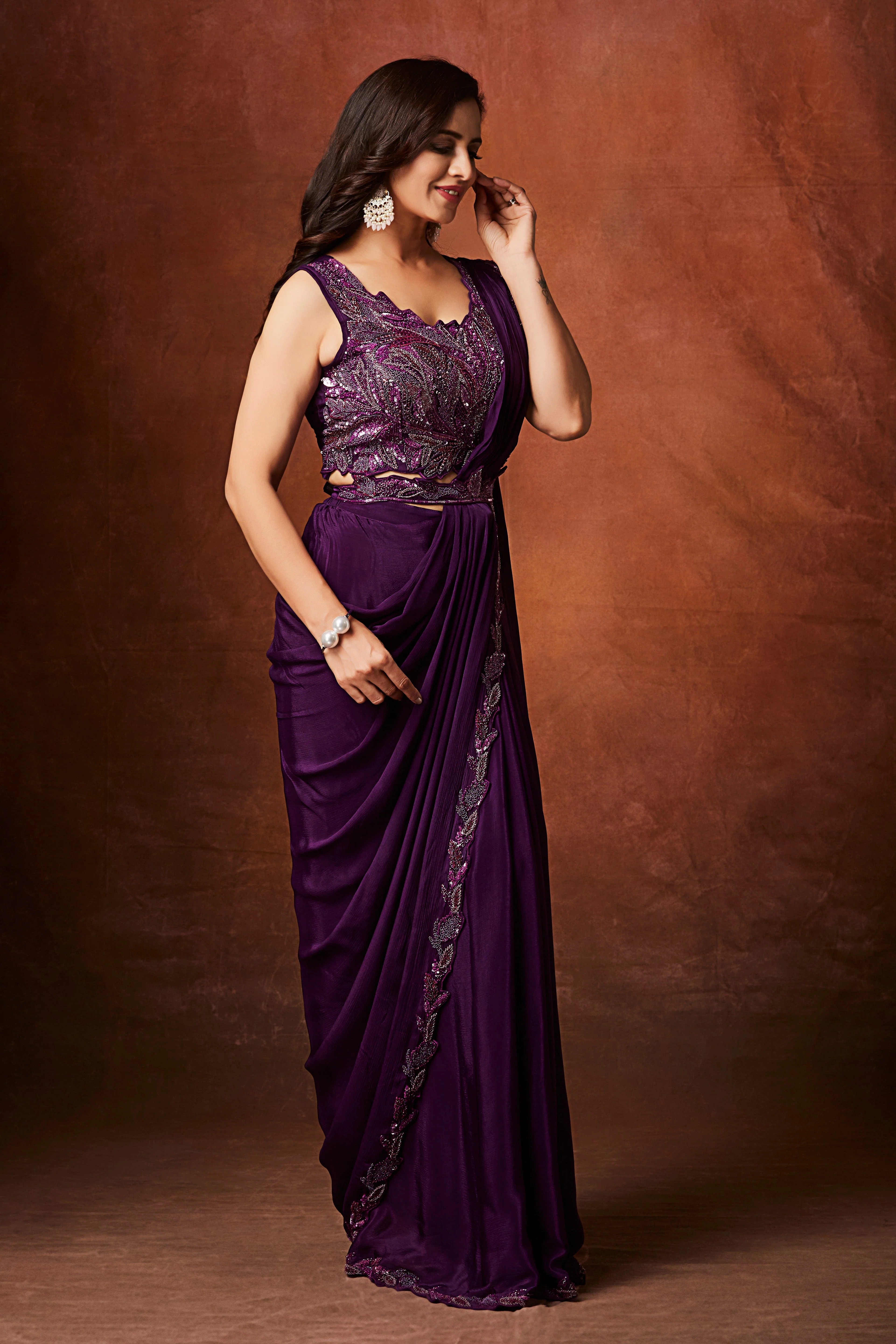 Plum Purple Embellished Chinon Silk Drape Saree - Image 4