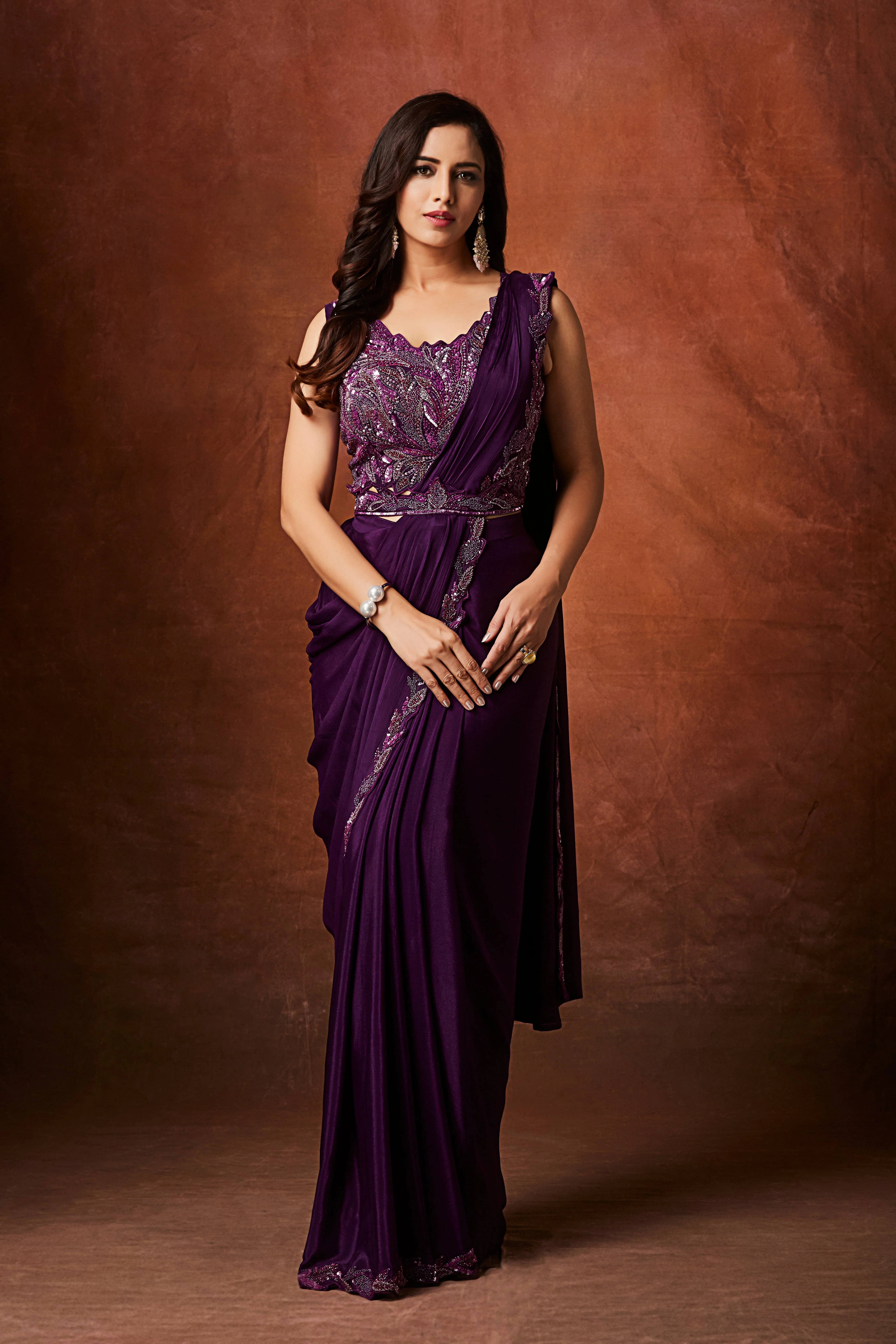 Plum Purple Embellished Chinon Silk Drape Saree - Image 5