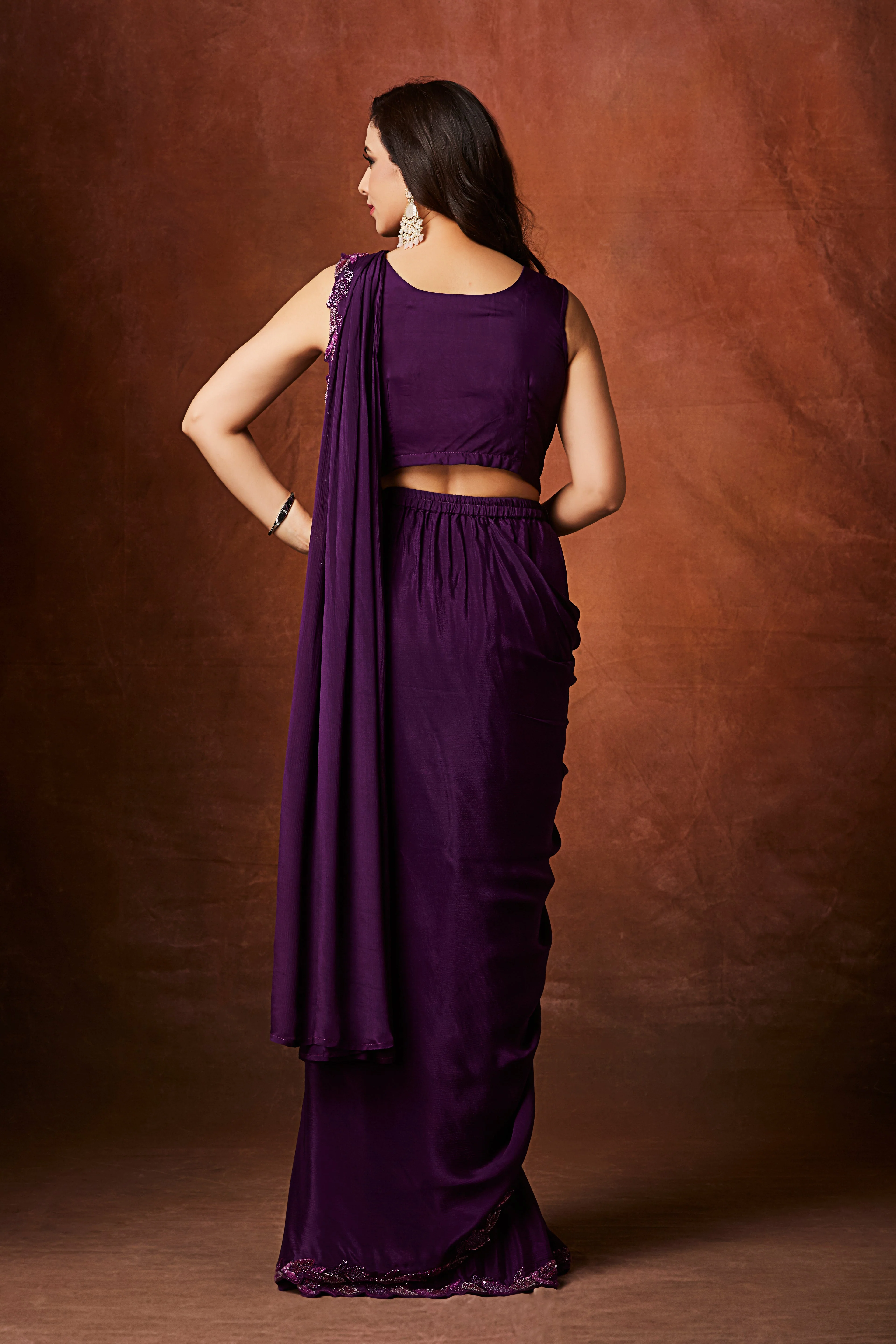 Plum Purple Embellished Chinon Silk Drape Saree - Image 6