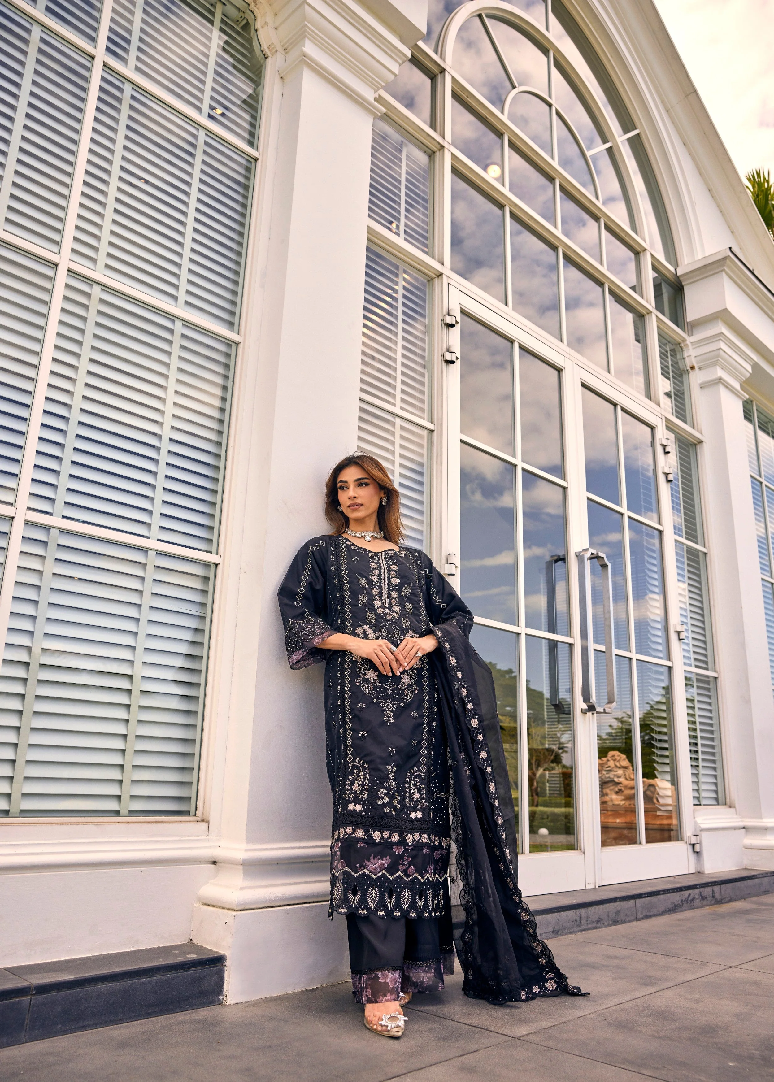 Jet Black Embroidered Organza Silk Palazzo Set