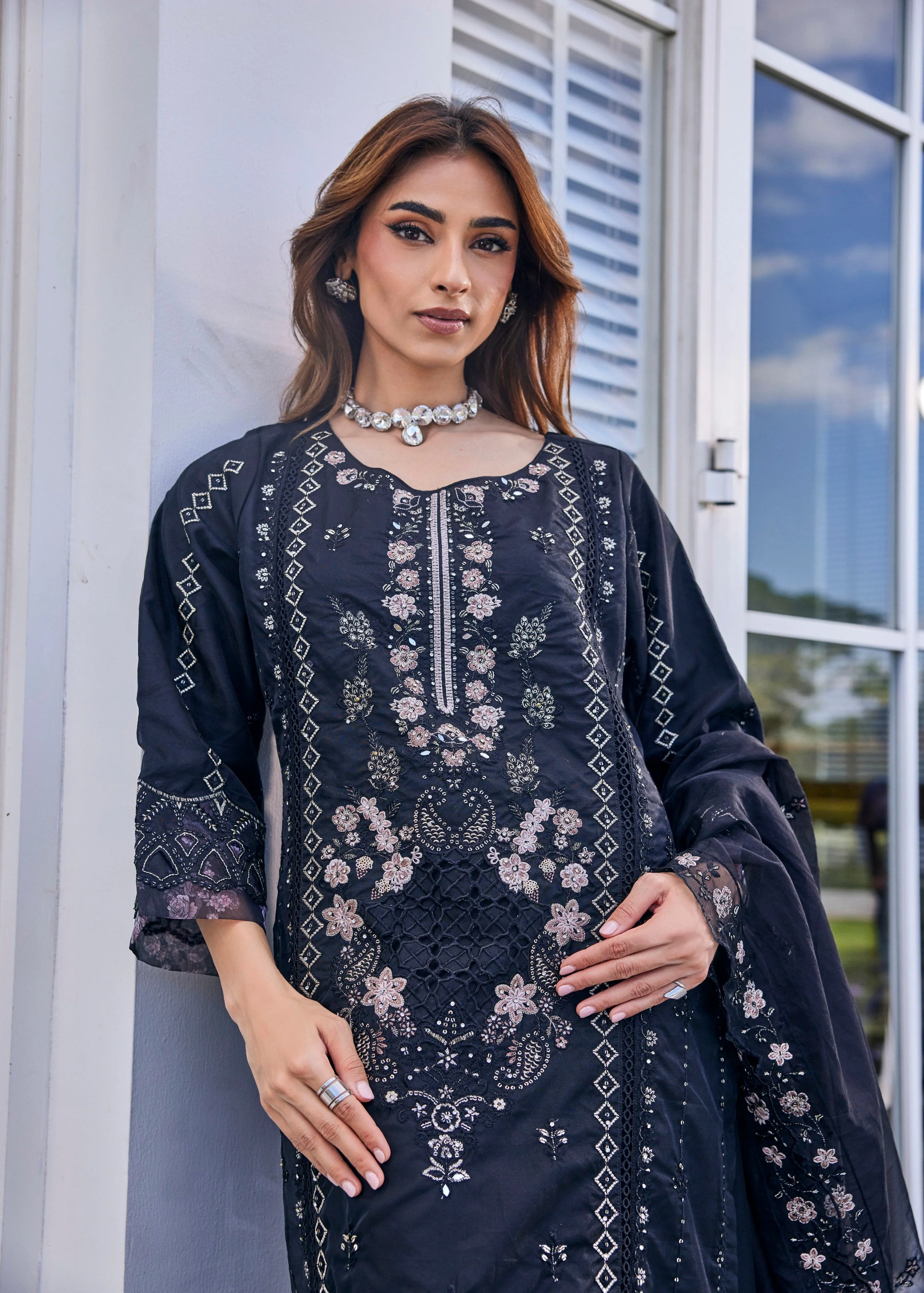 Jet Black Embroidered Organza Silk Palazzo Set - Image 2