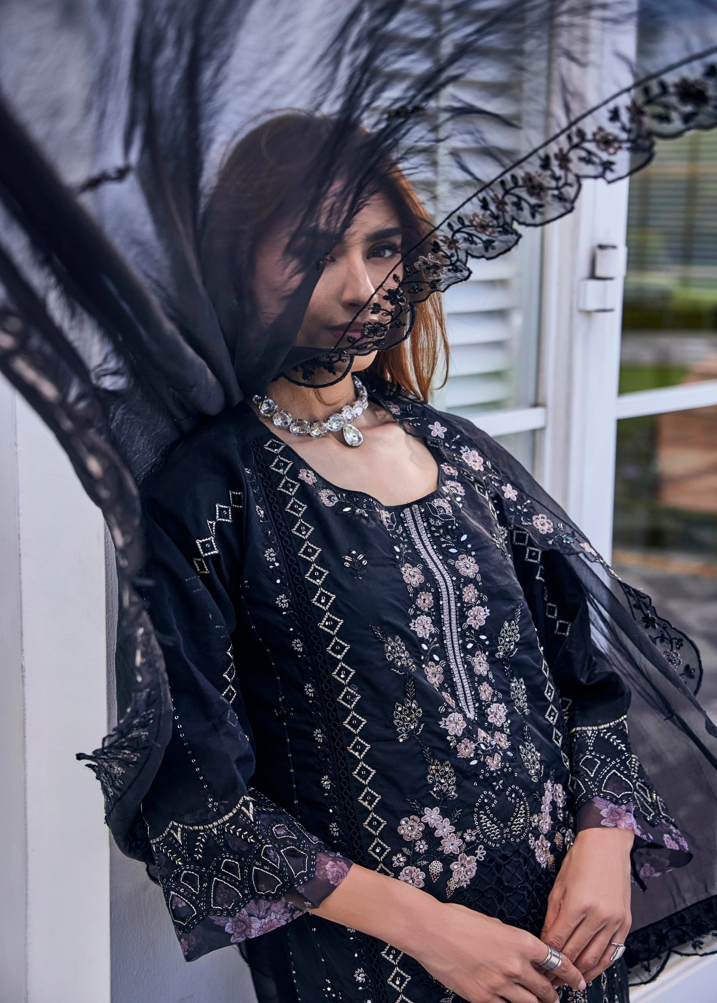 Jet Black Embroidered Organza Silk Palazzo Set - Image 3