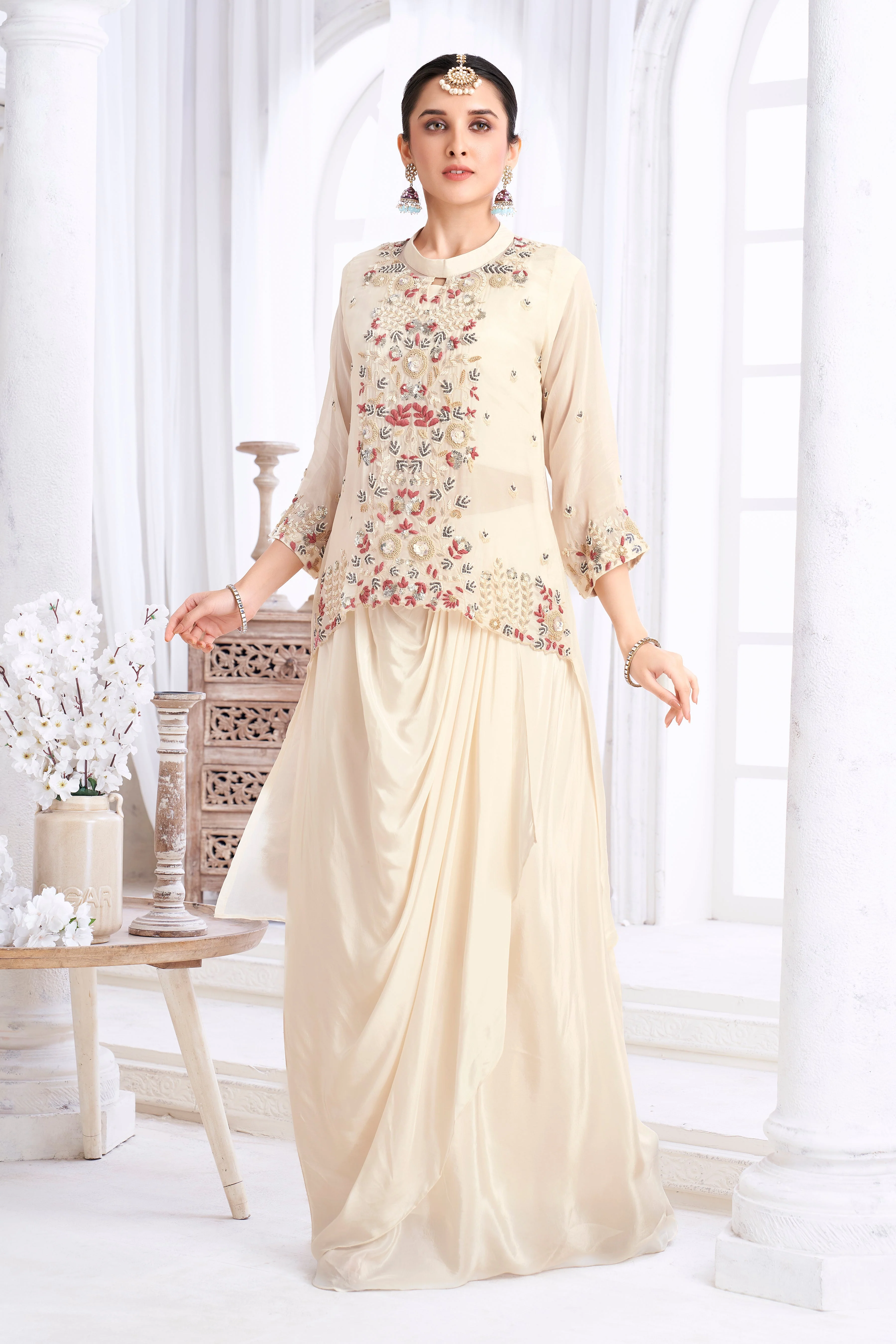 Cream White Embellished Crepe Silk Skirt Set - Image 3