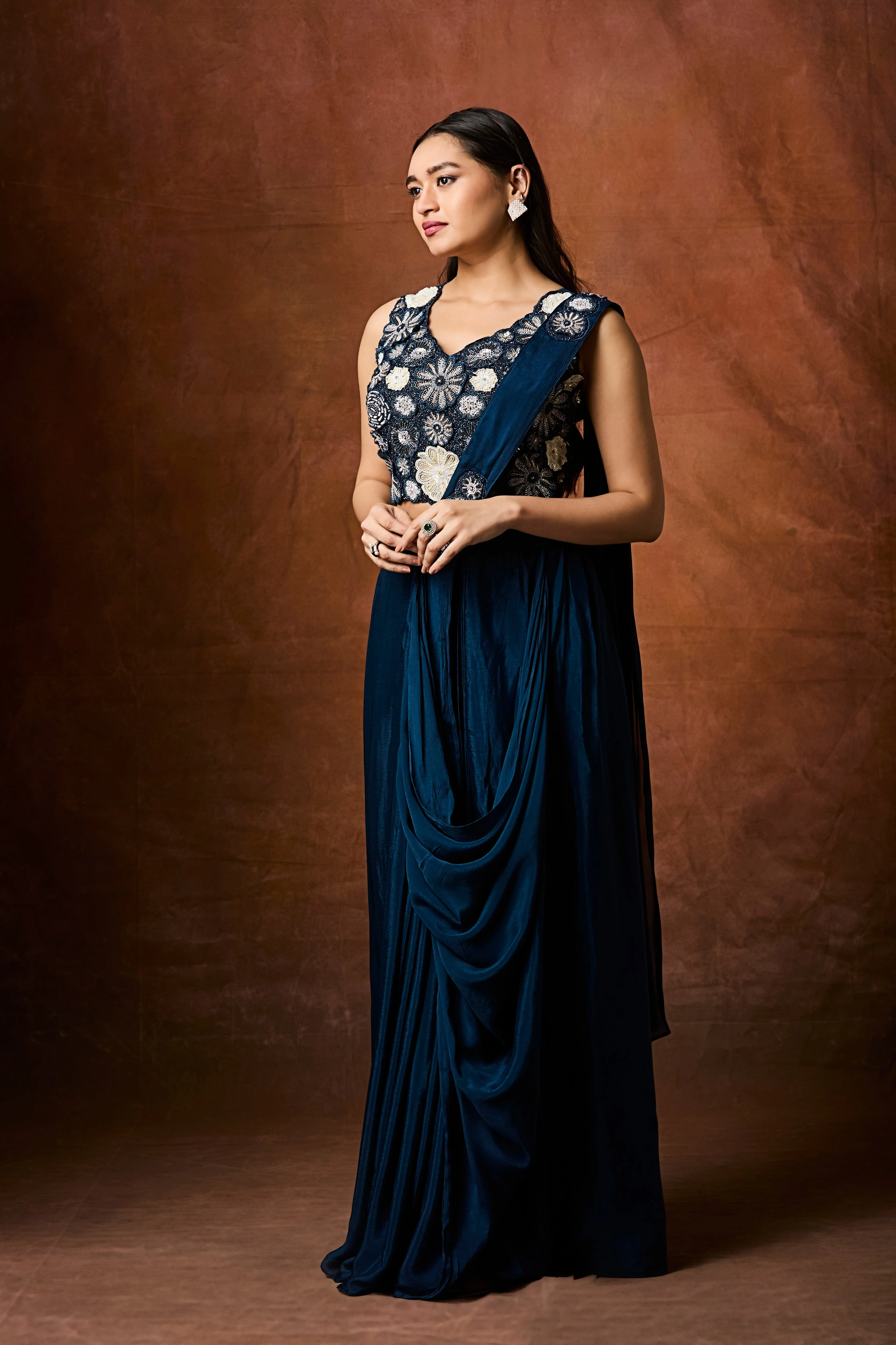 Deep Teal Embellished Chinon Silk Drape Saree - Image 3
