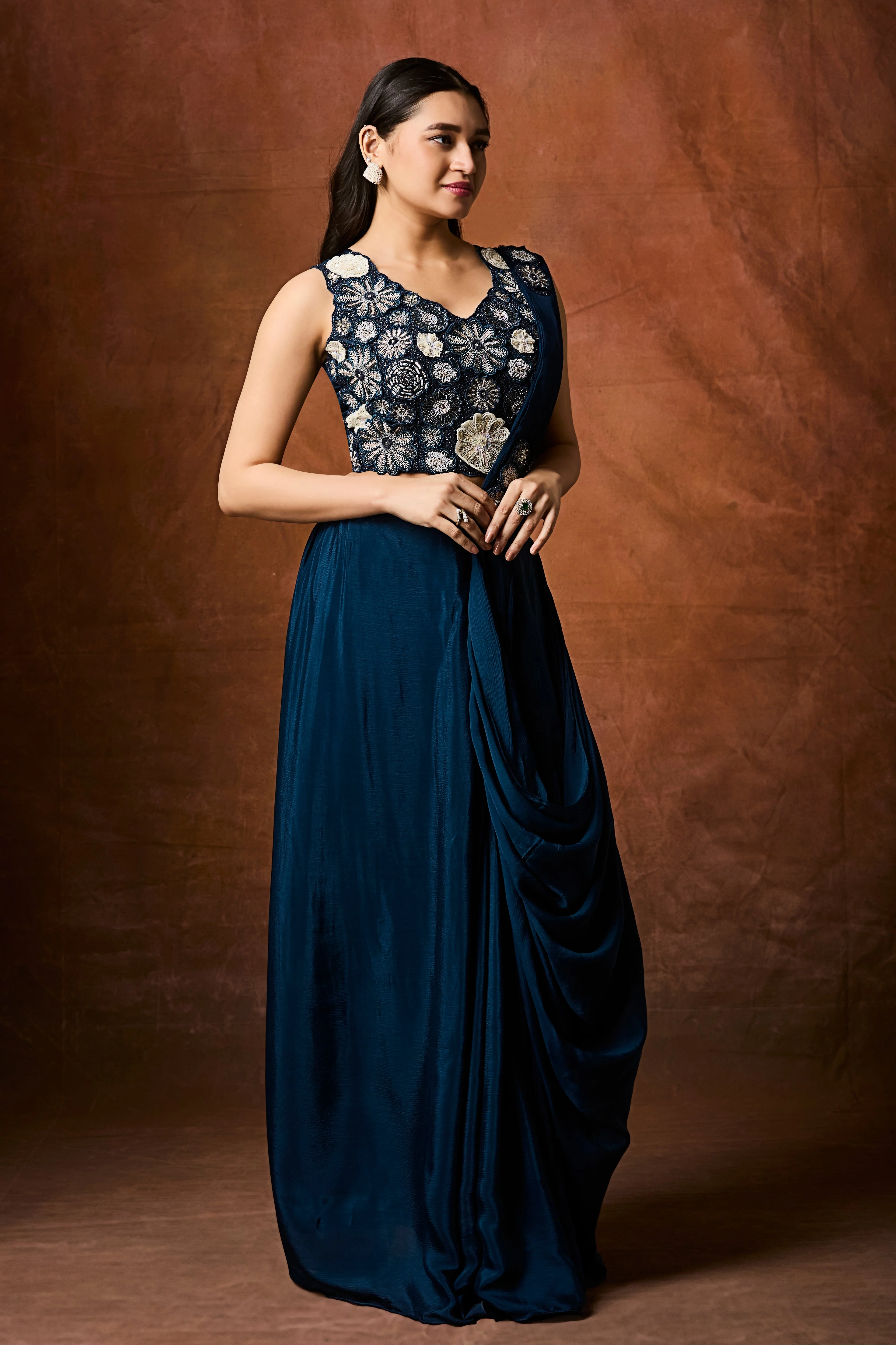 Deep Teal Embellished Chinon Silk Drape Saree - Image 4