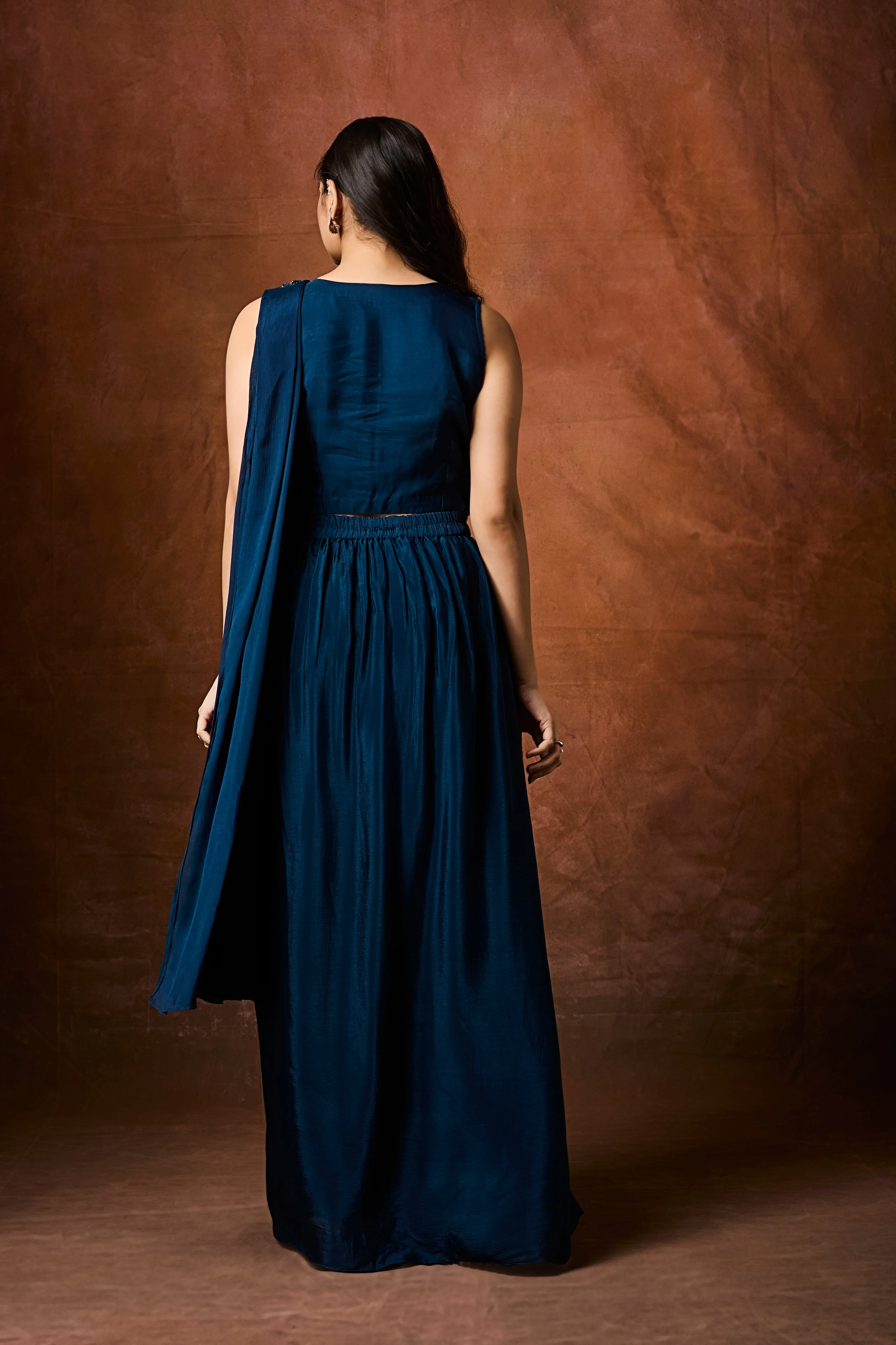 Deep Teal Embellished Chinon Silk Drape Saree - Image 5