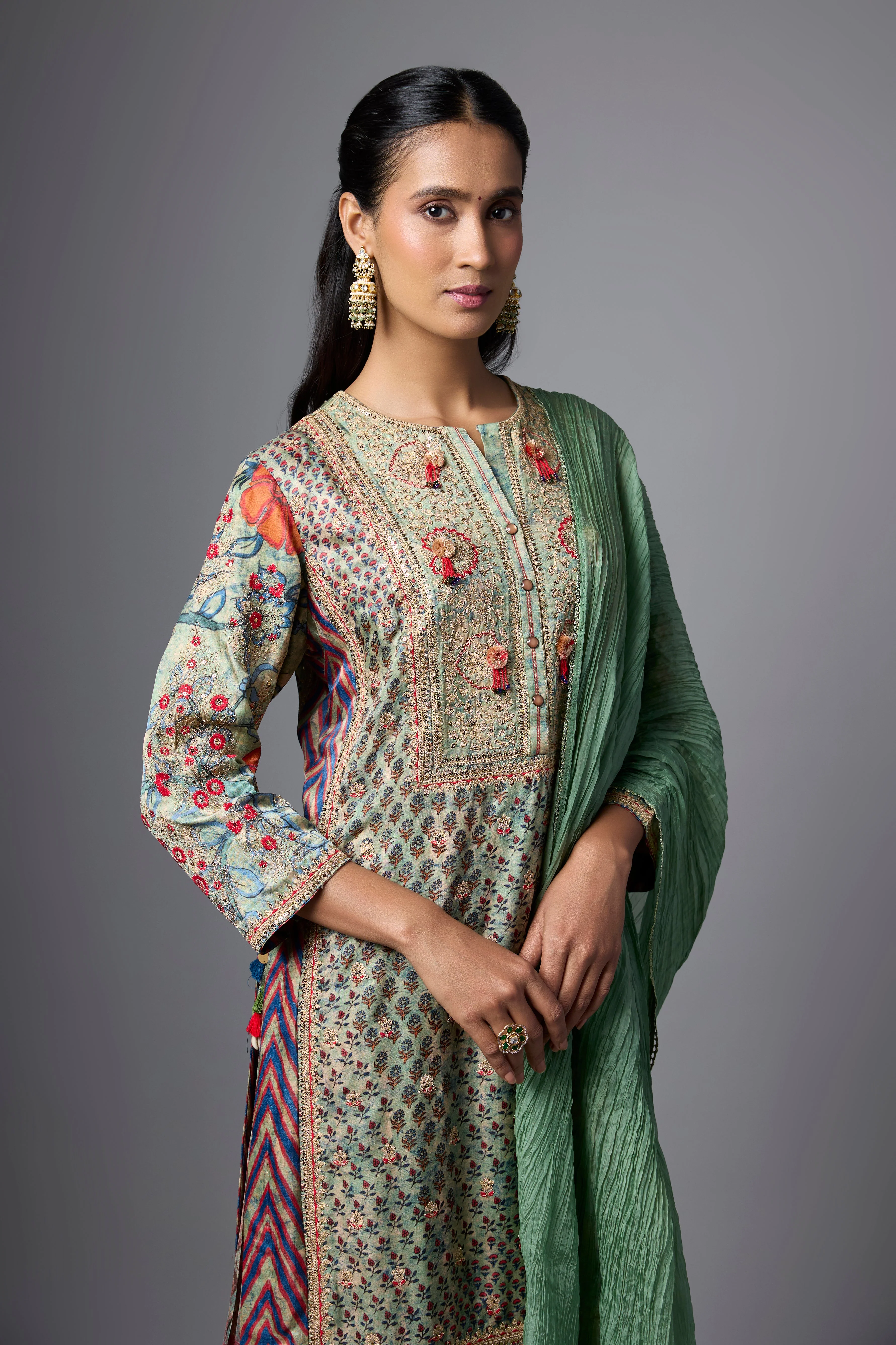 Pista Green Embellished Slub Silk Palazzo Set - Image 2