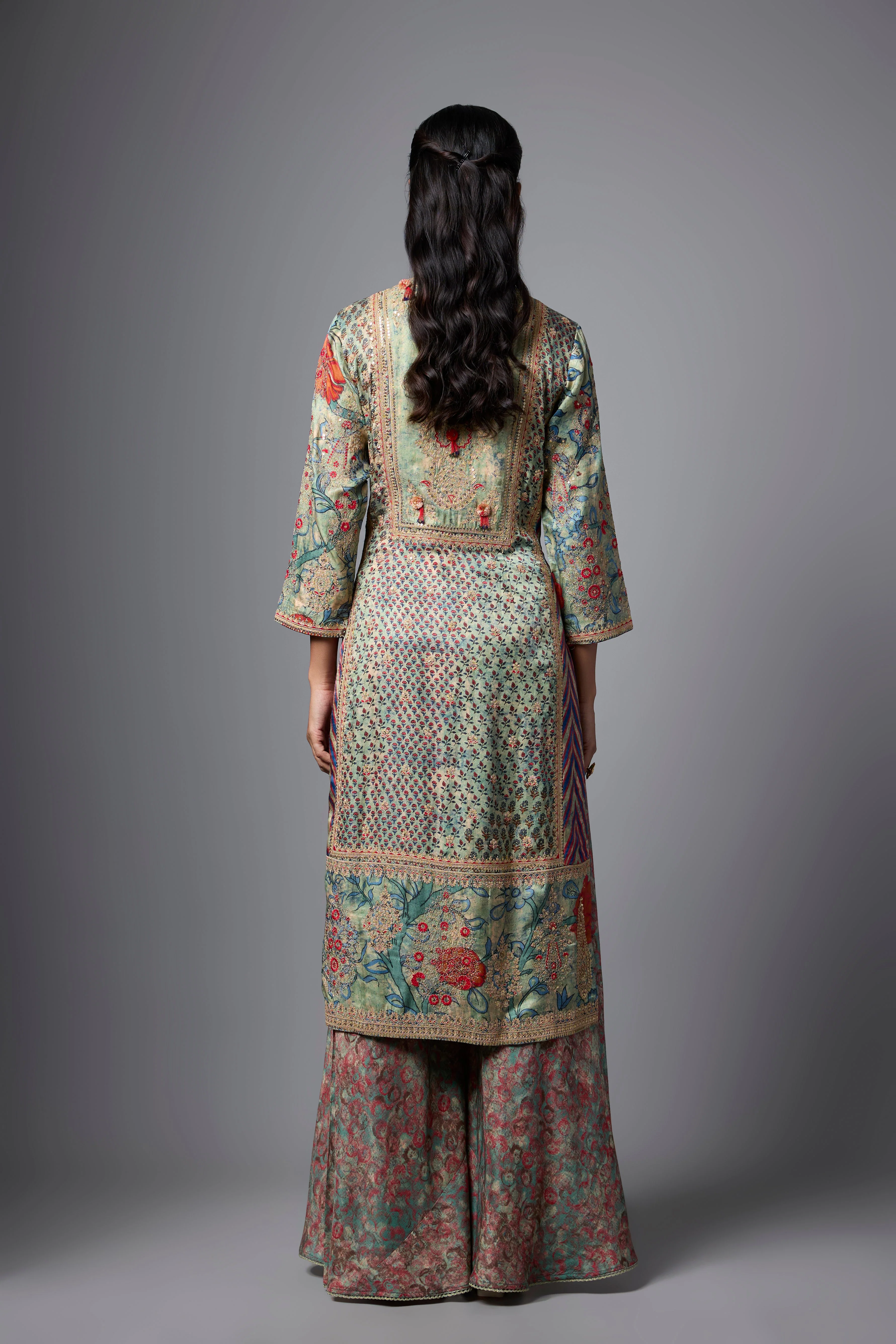 Pista Green Embellished Slub Silk Palazzo Set - Image 4