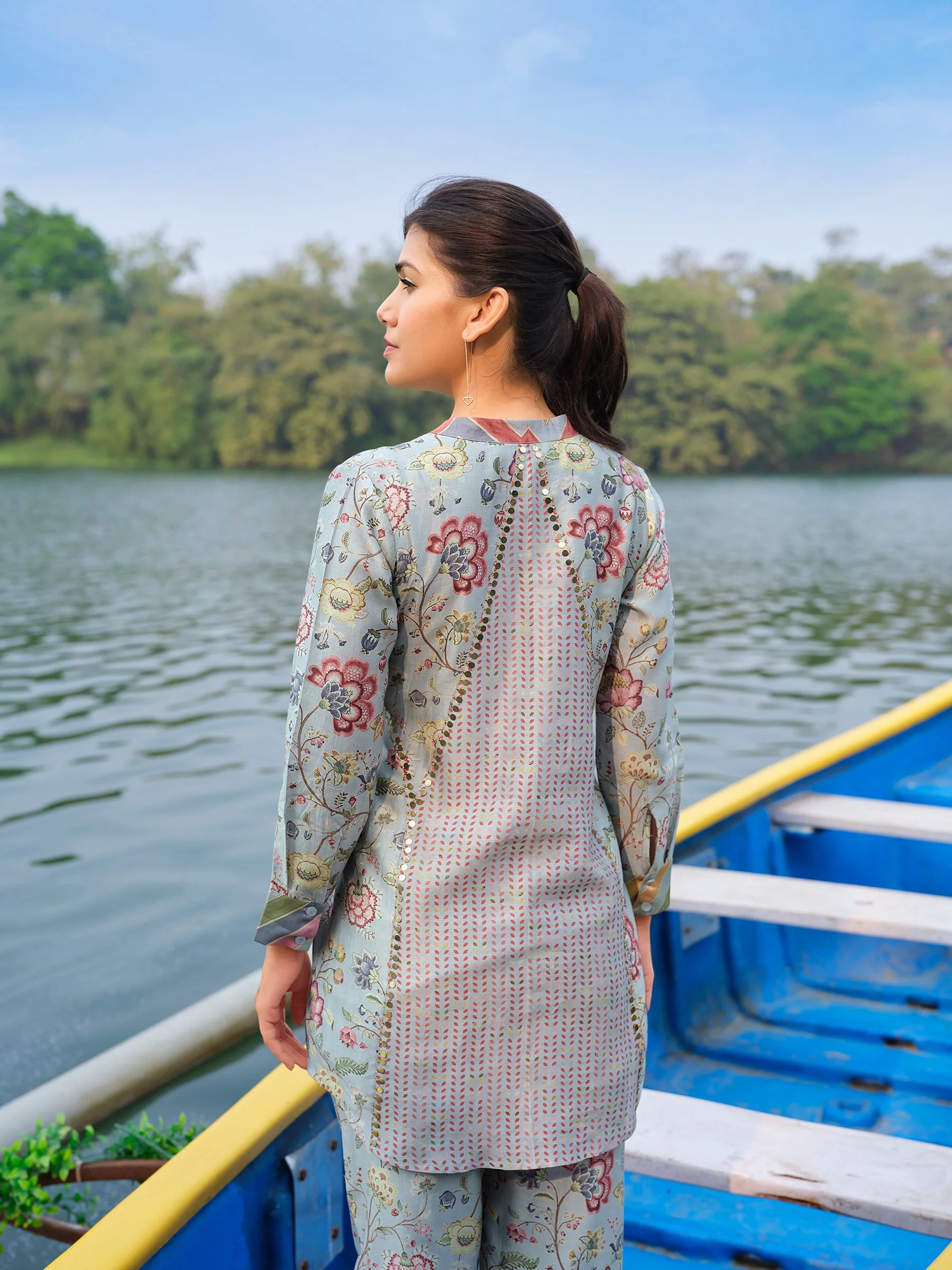Powder Blue Printed Chanderi Silk Co-ord Set - Image 2