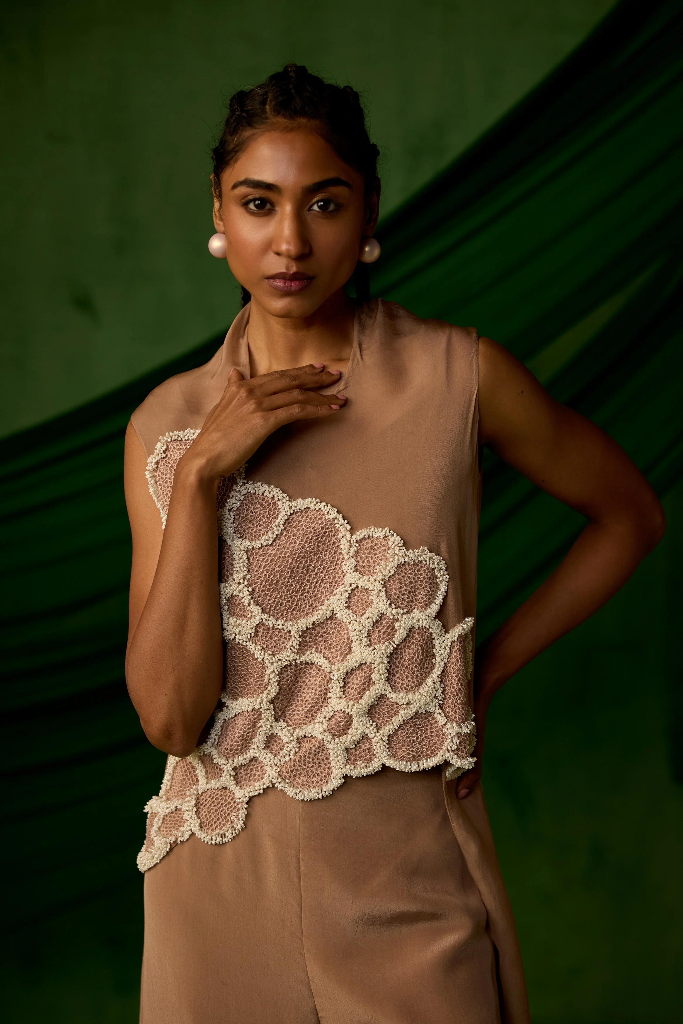 Soft Brown Embellished Premium Crepe Silk Co-Ord Set - Image 3