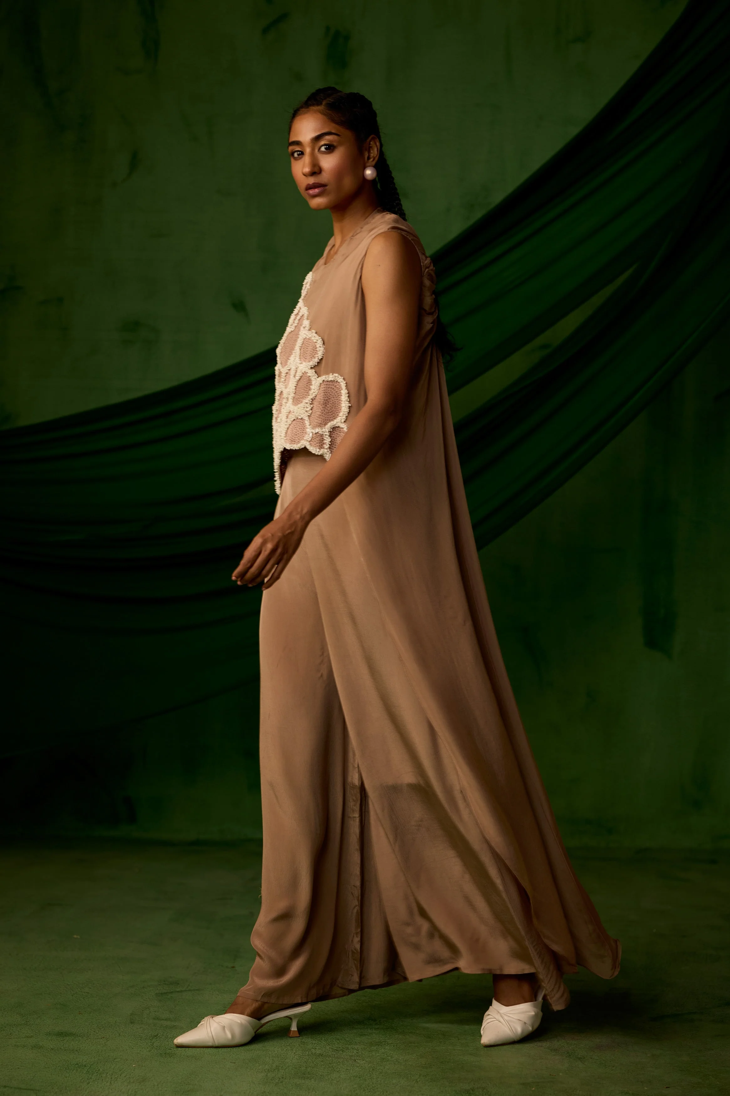 Soft Brown Embellished Premium Crepe Silk Co-Ord Set - Image 4