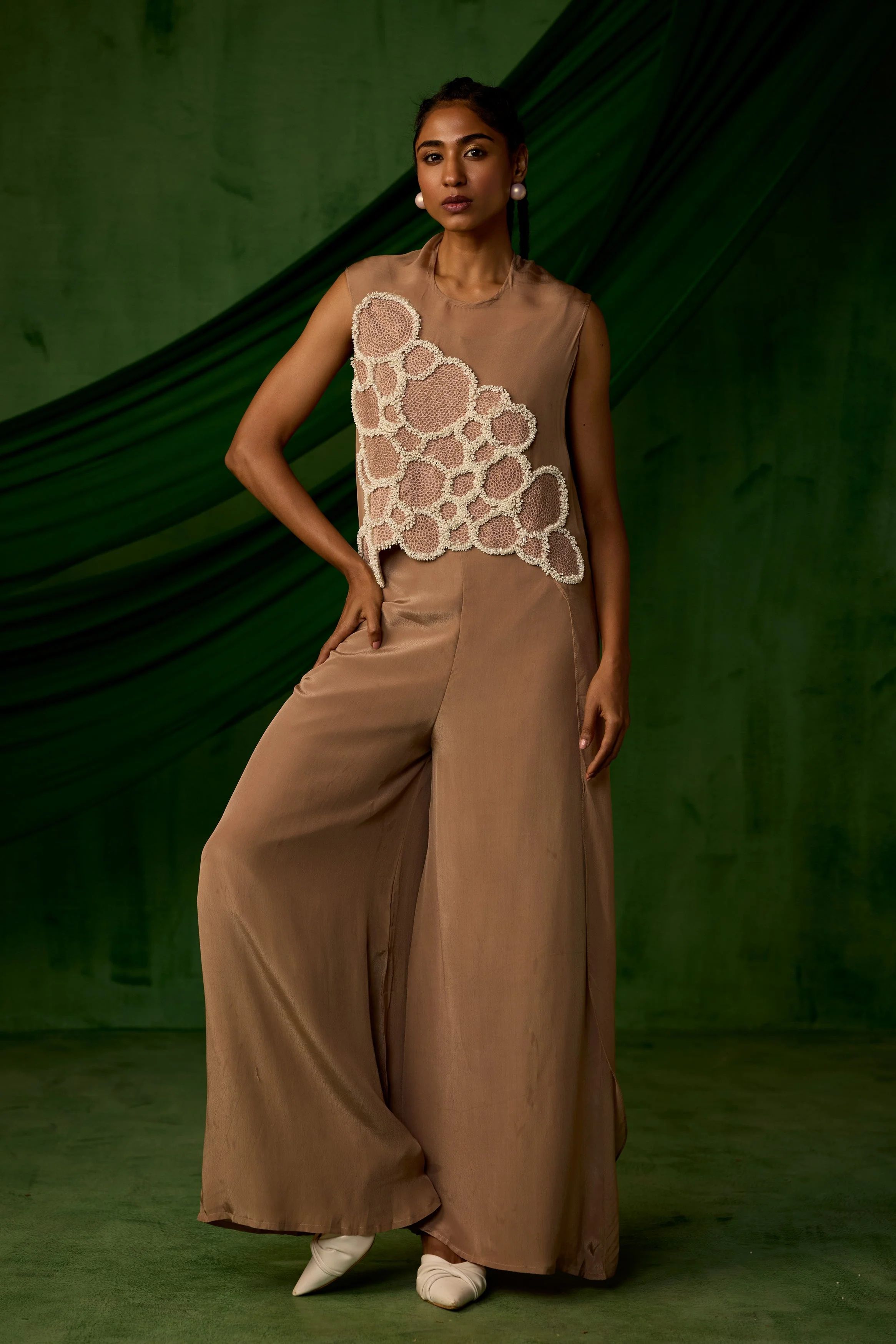 Soft Brown Embellished Premium Crepe Silk Co-Ord Set - Image 6