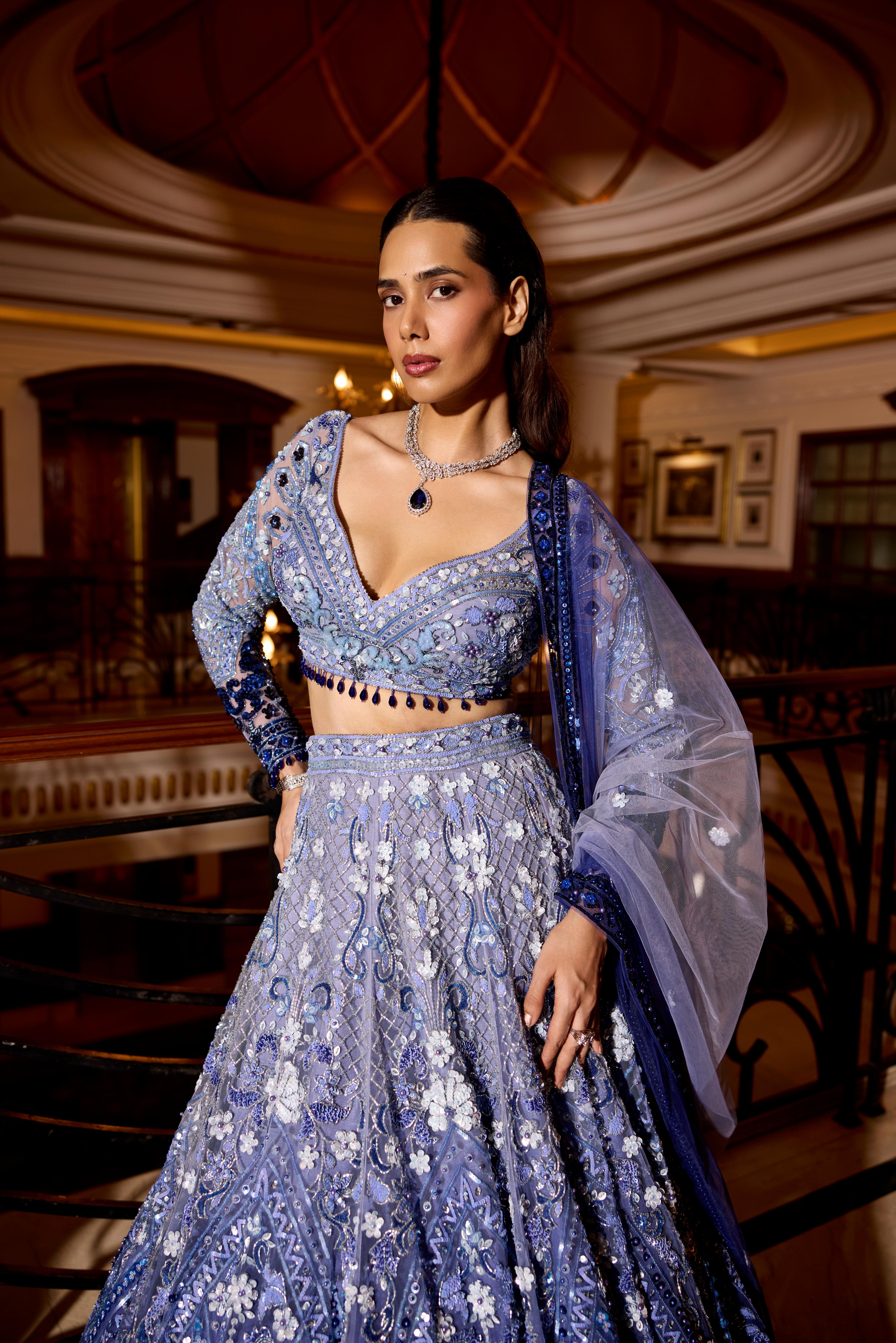 Periwinkle Blue Ombre Embellished Premium Lehenga Set - Image 2