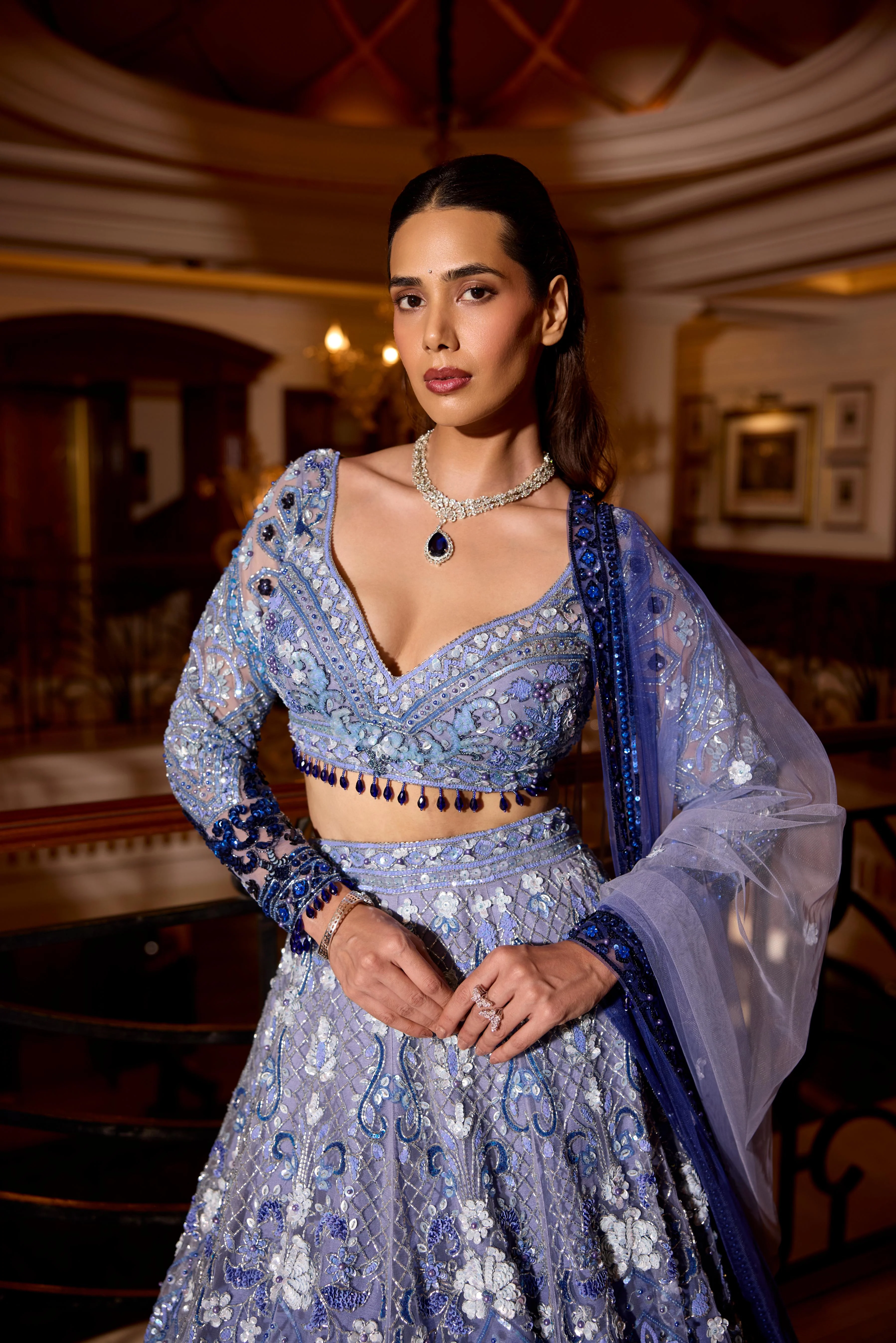 Periwinkle Blue Ombre Embellished Premium Lehenga Set - Image 3