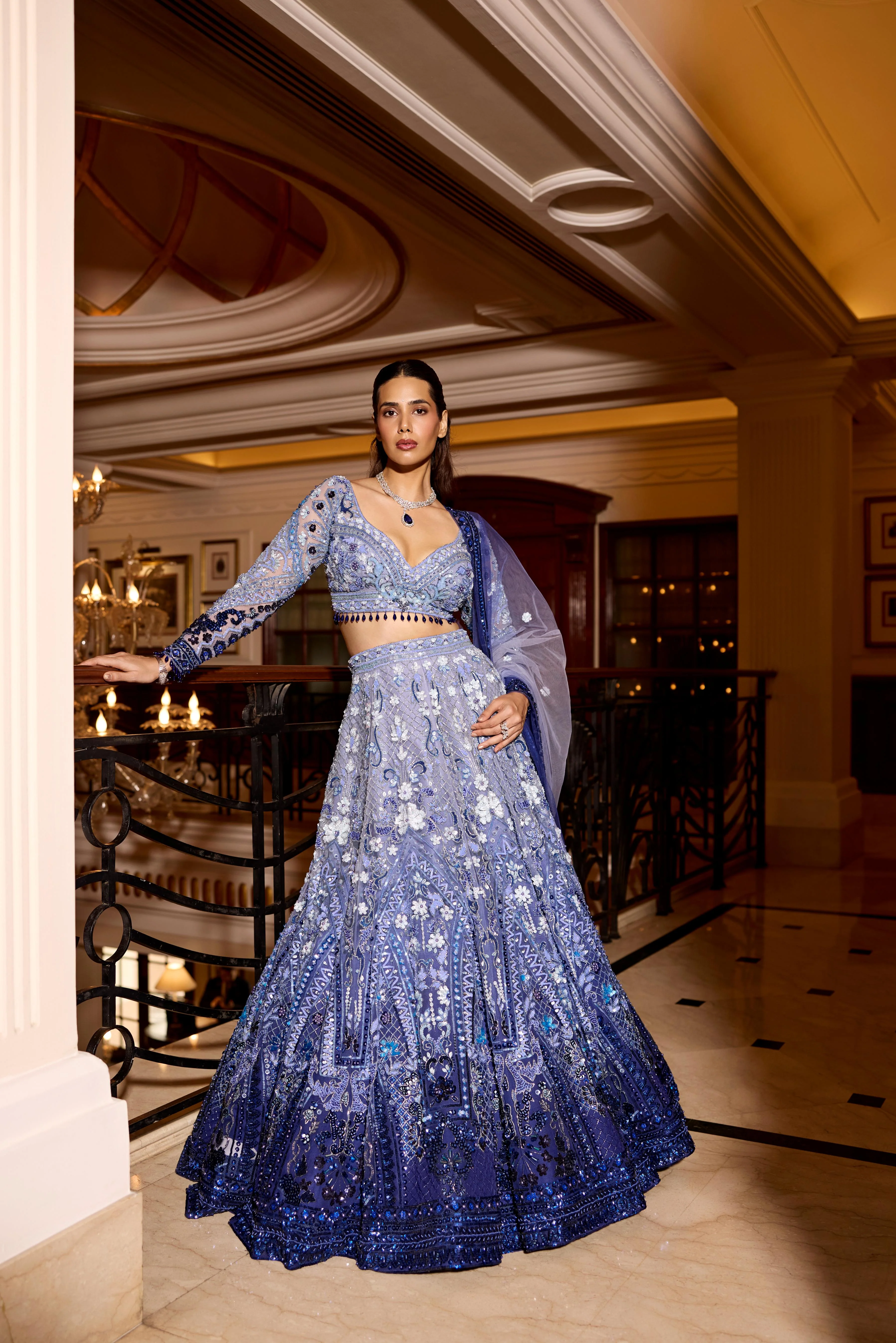 Periwinkle Blue Ombre Embellished Premium Lehenga Set - Image 4