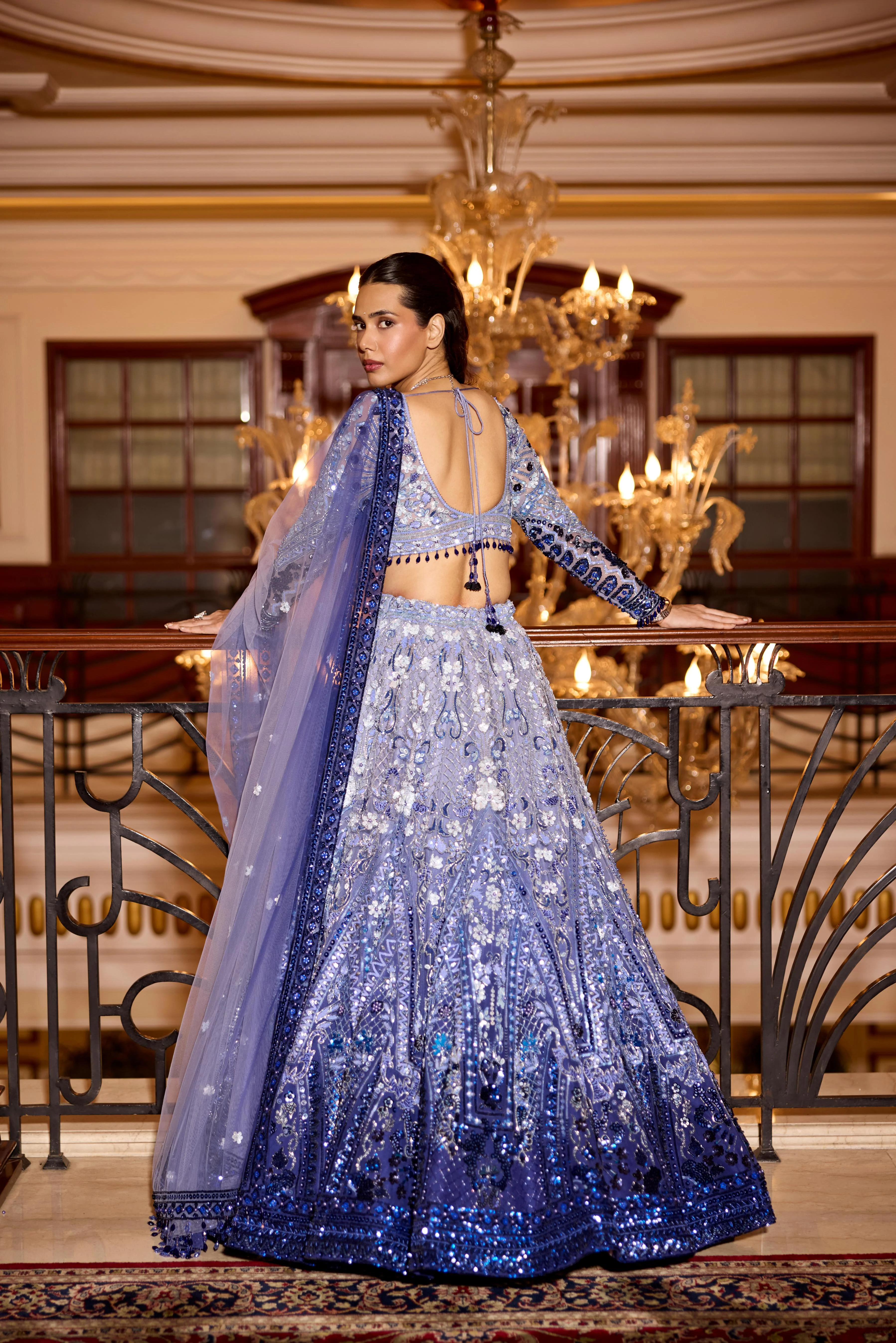 Periwinkle Blue Ombre Embellished Premium Lehenga Set - Image 5