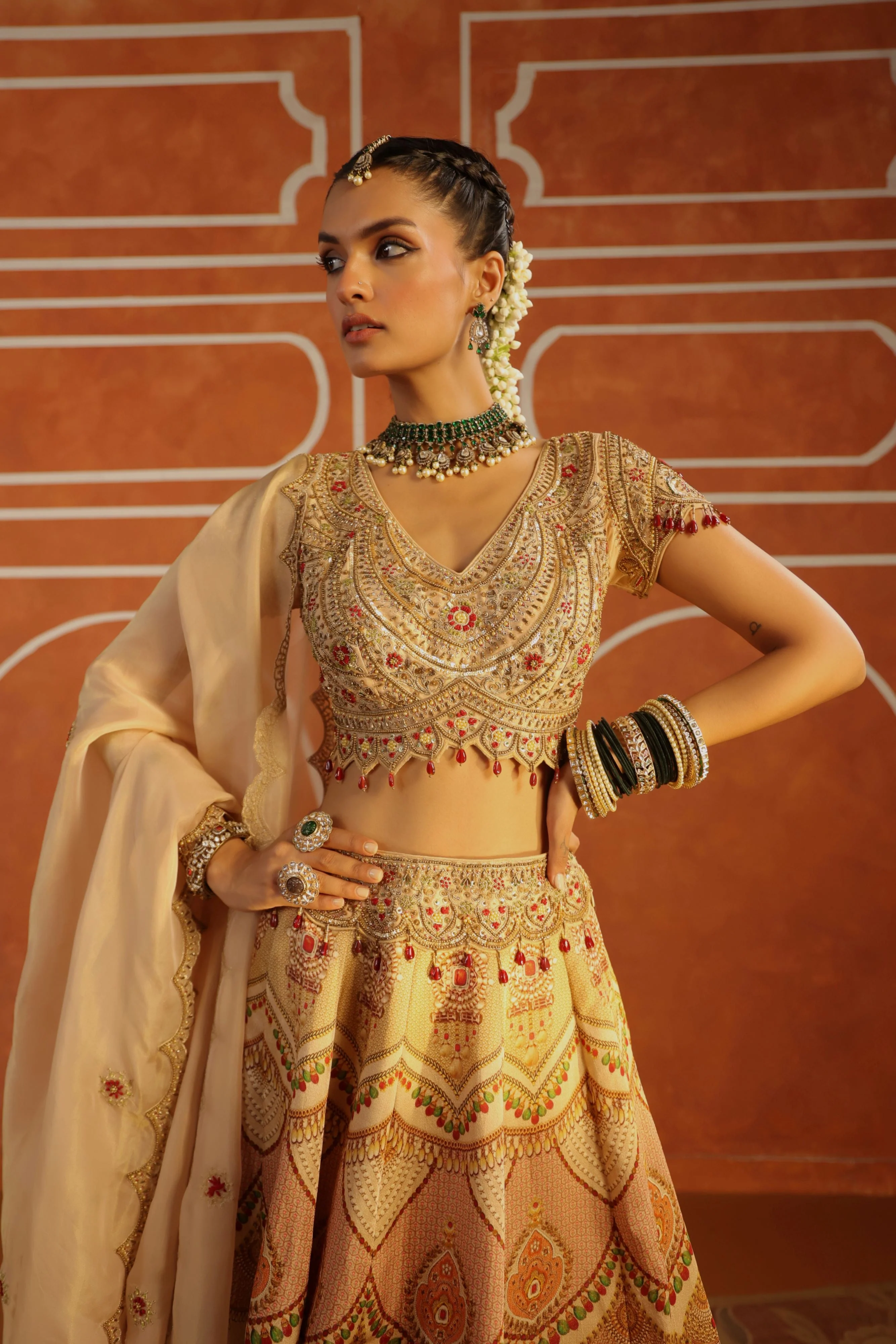 Soft Gold Embellished Satin Lehenga Set - Image 2