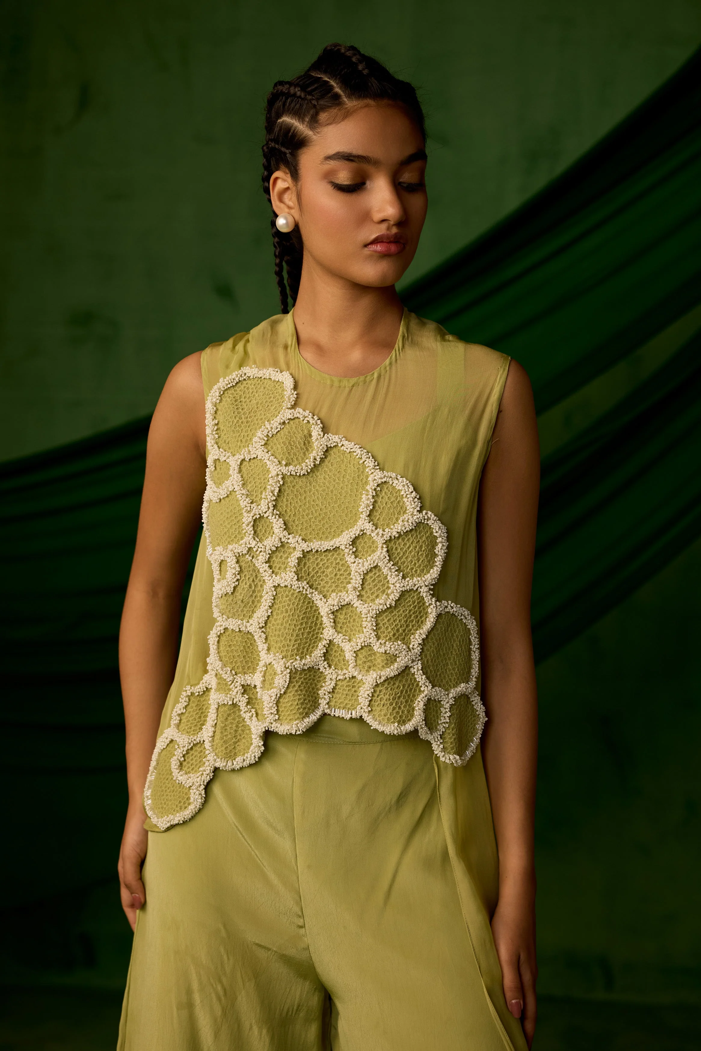 Soft Green Embellished Premium Crepe Silk Co-Ord Set - Image 3