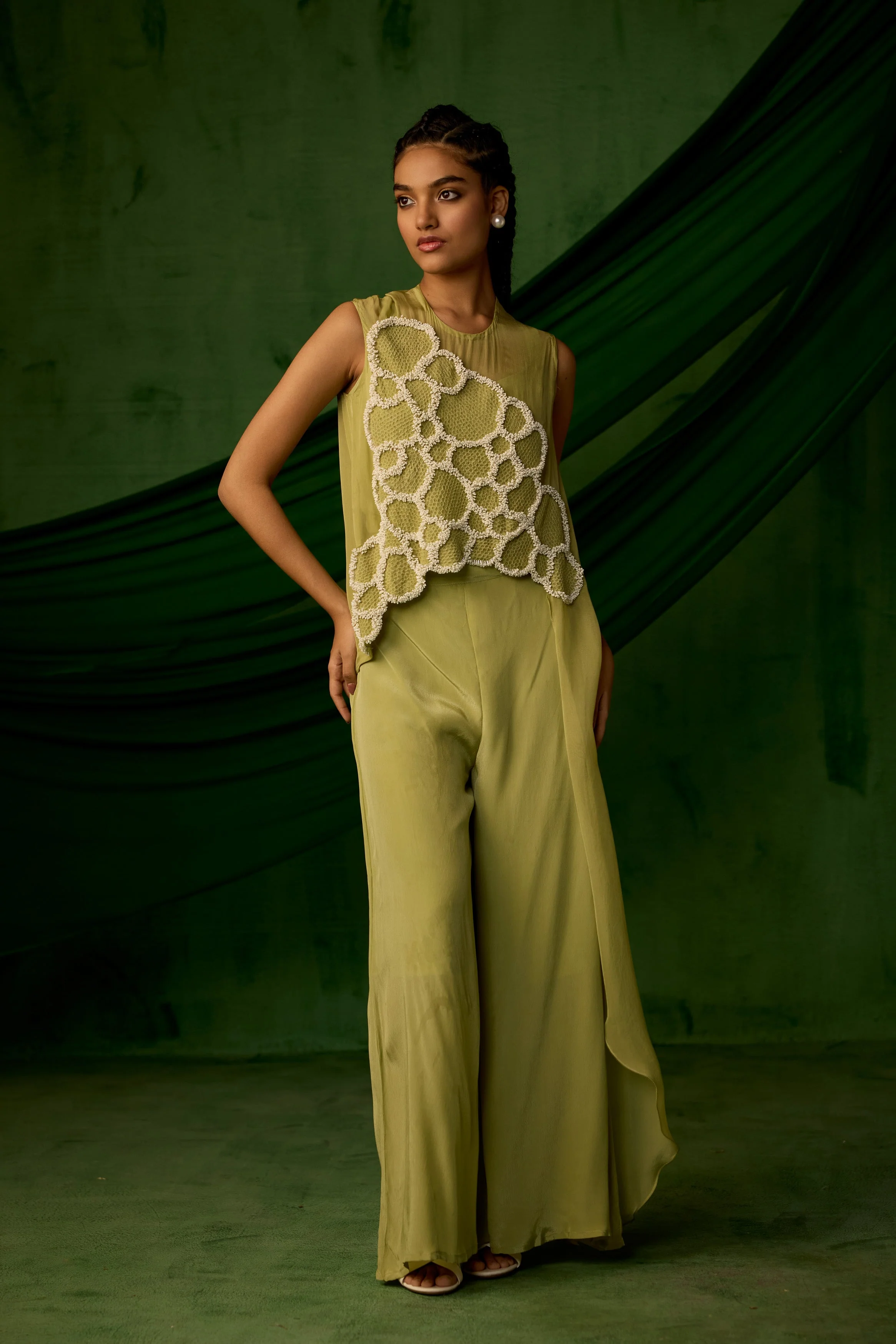 Soft Green Embellished Premium Crepe Silk Co-Ord Set - Image 5