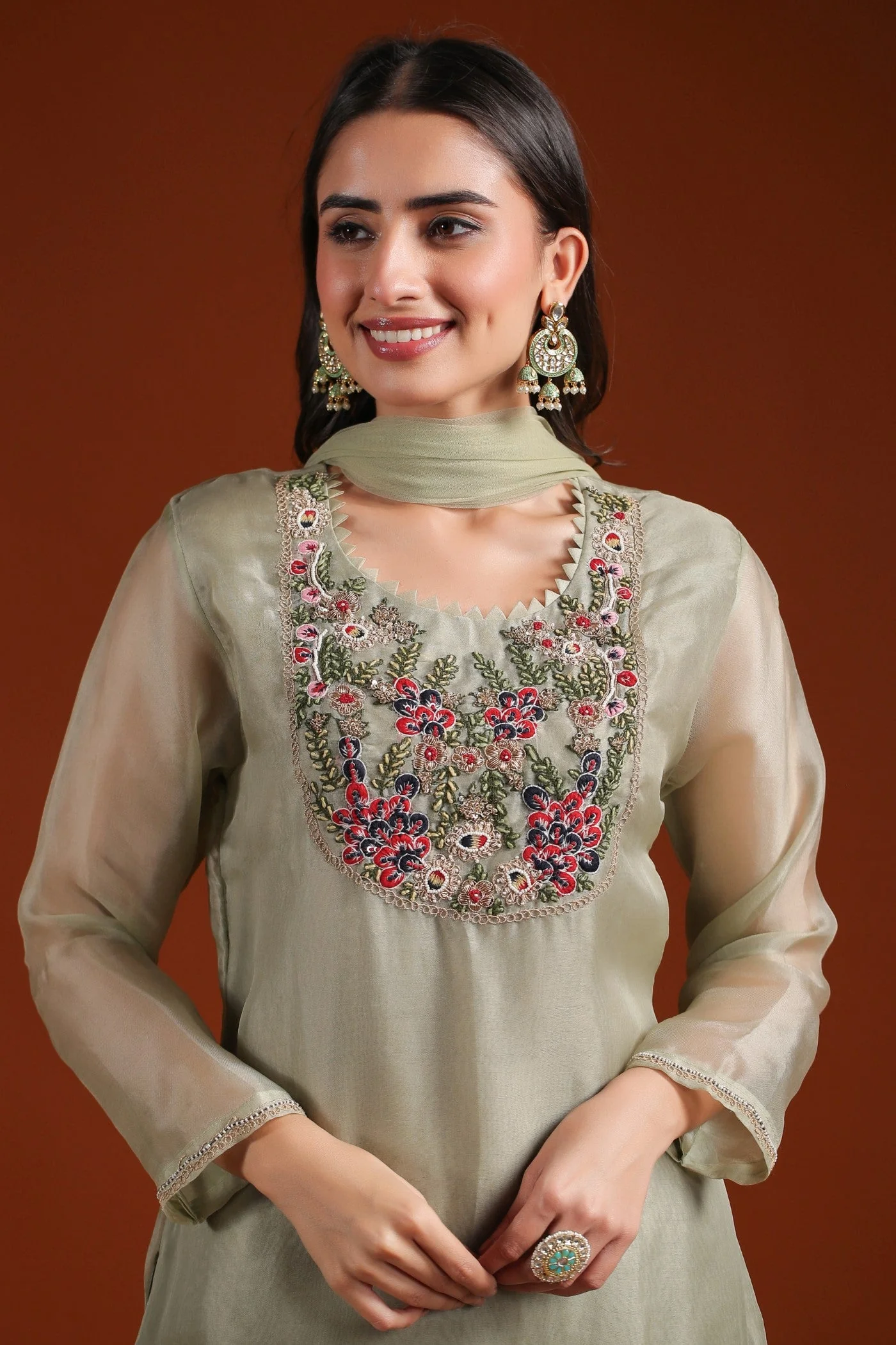 Soft Green Embroidered Organza Silk Sharara Set - Image 2
