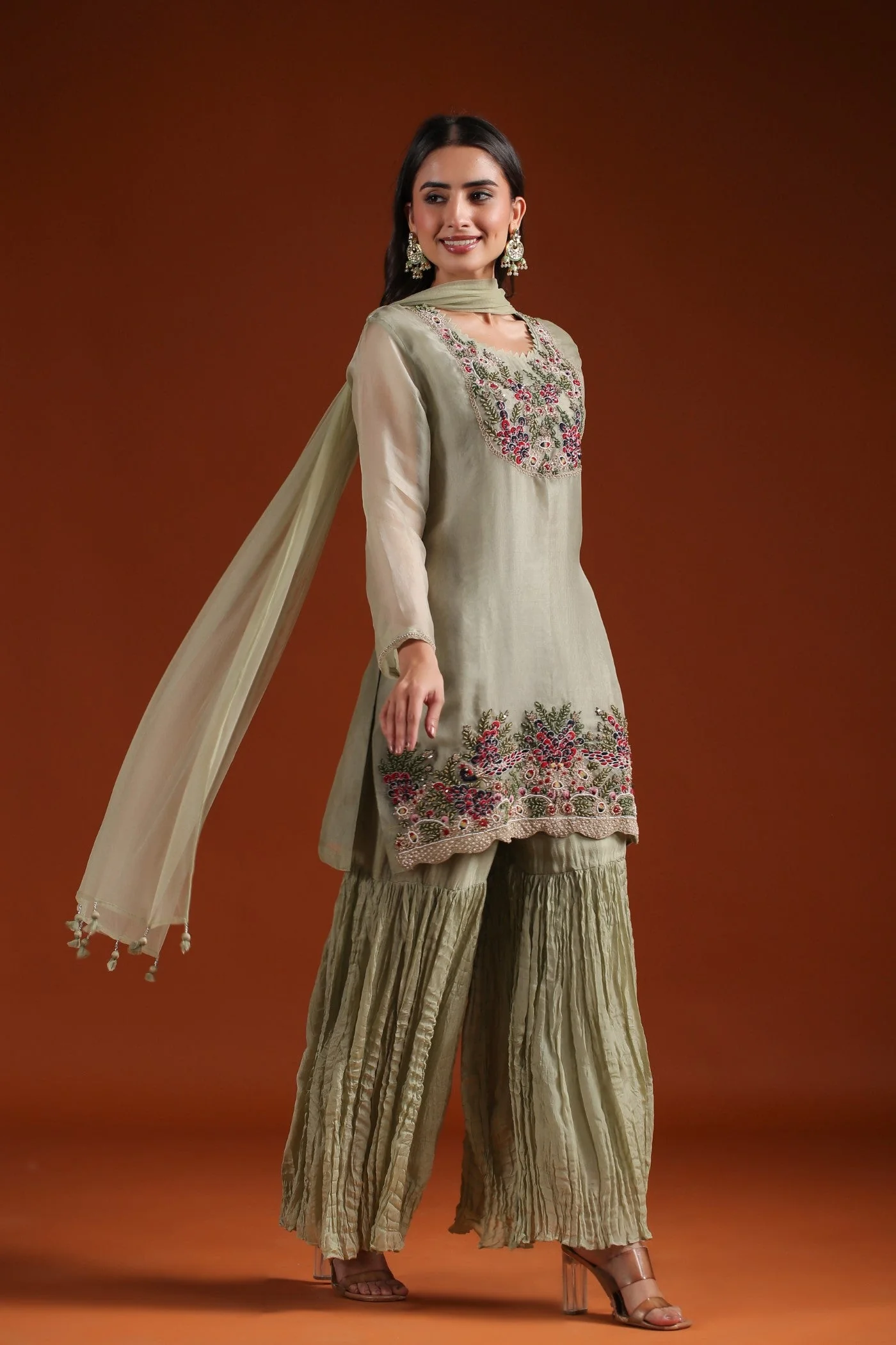 Soft Green Embroidered Organza Silk Sharara Set - Image 3
