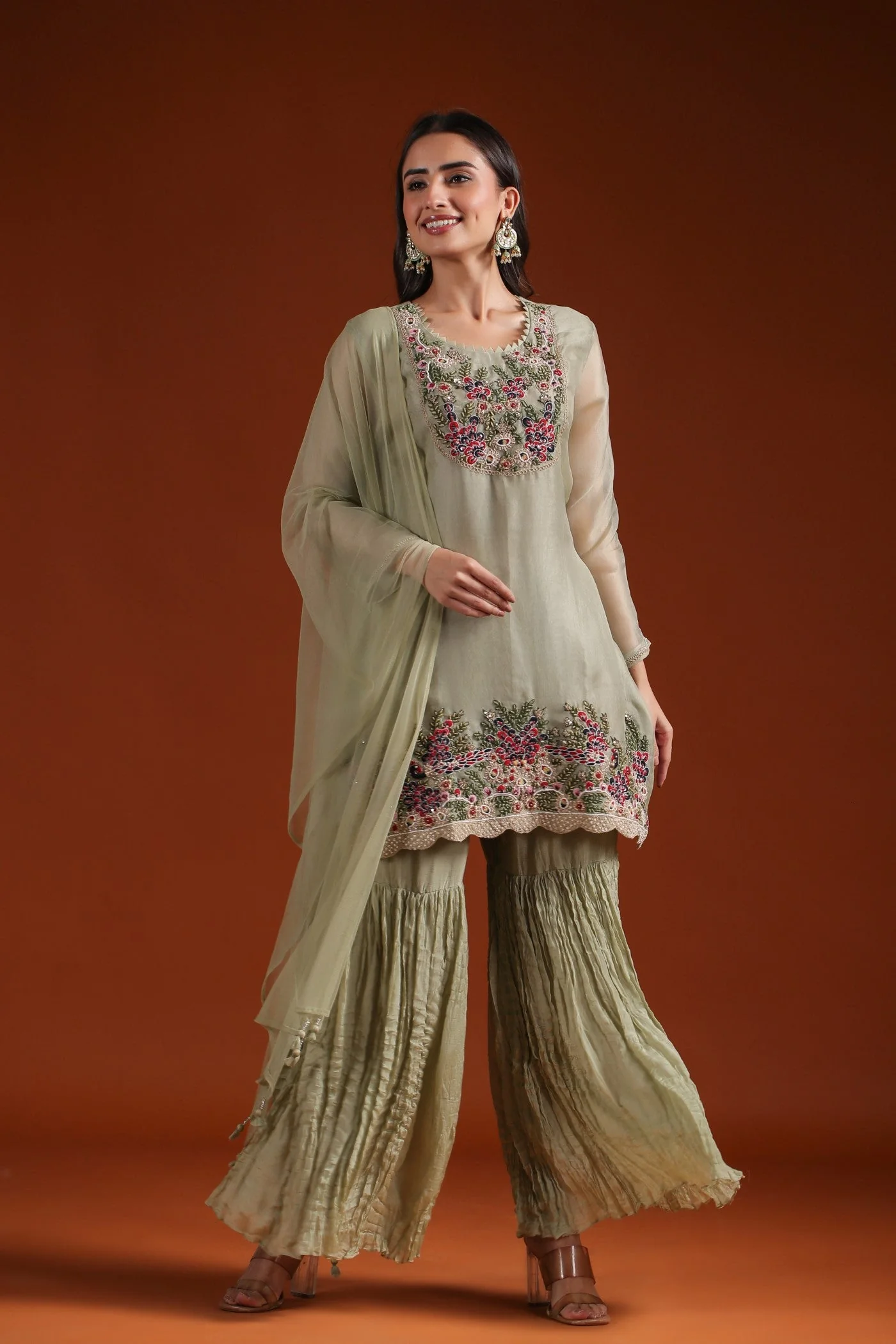 Soft Green Embroidered Organza Silk Sharara Set - Image 4