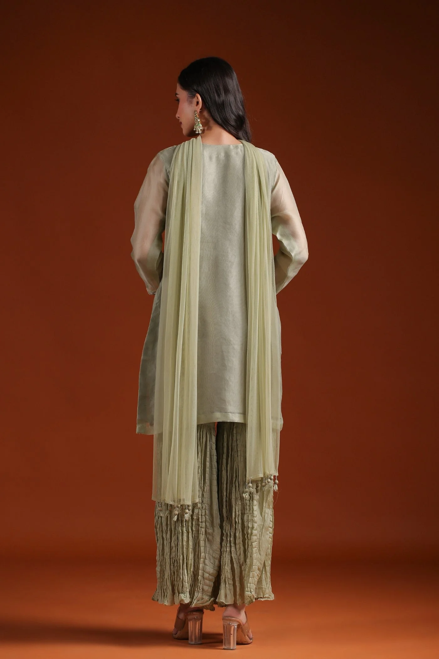 Soft Green Embroidered Organza Silk Sharara Set - Image 5