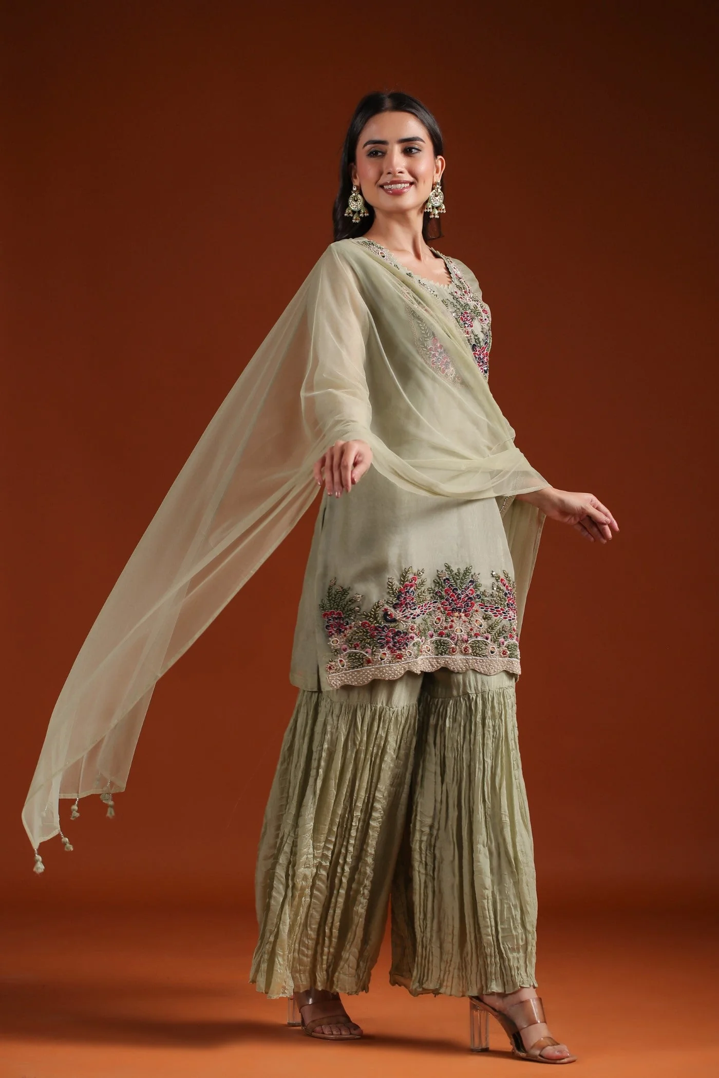 Soft Green Embroidered Organza Silk Sharara Set - Image 6