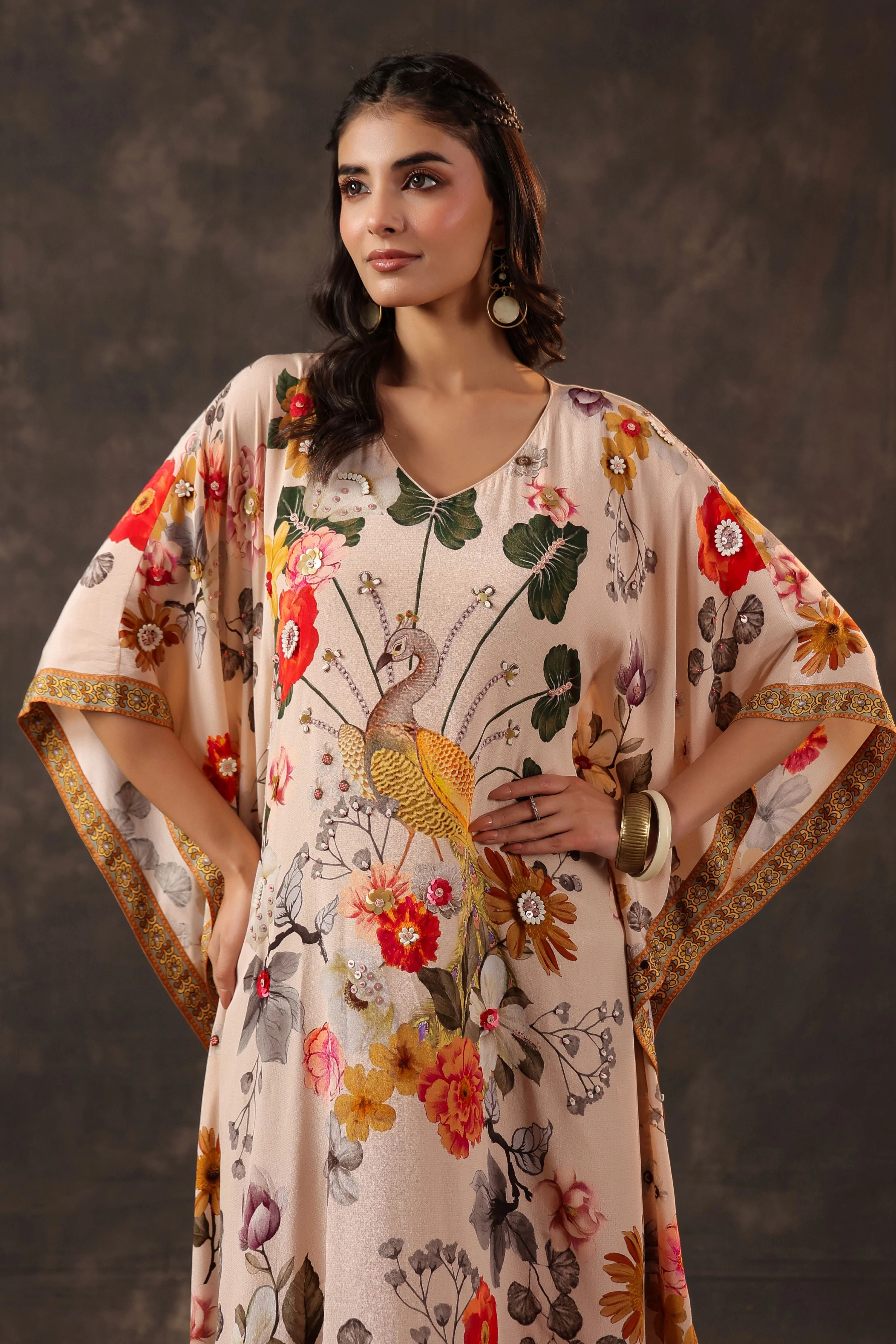Soft Ivory Embellished Crepe Silk Kaftan Dress - Image 2