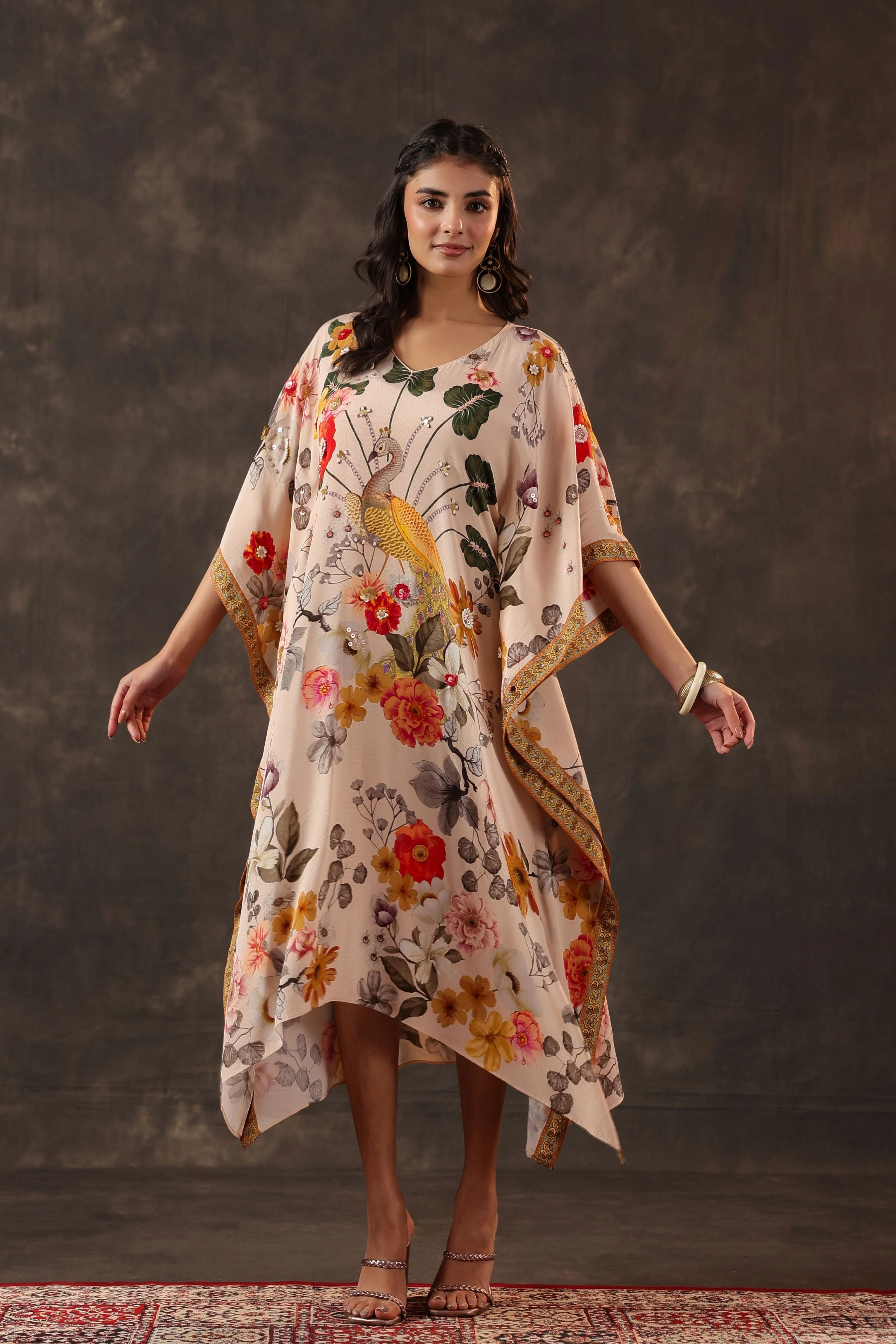 Soft Ivory Embellished Crepe Silk Kaftan Dress - Image 3