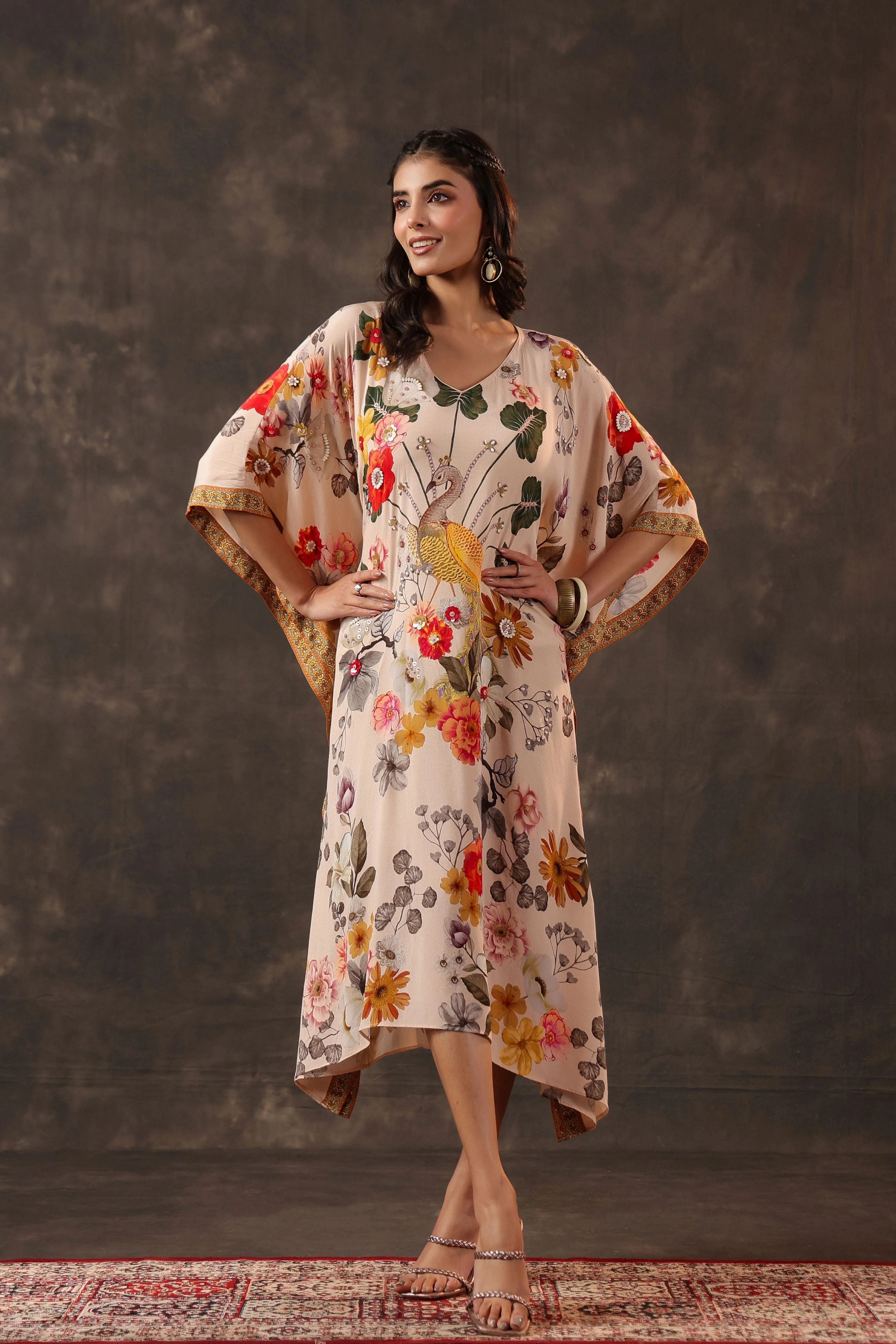 Soft Ivory Embellished Crepe Silk Kaftan Dress - Image 4