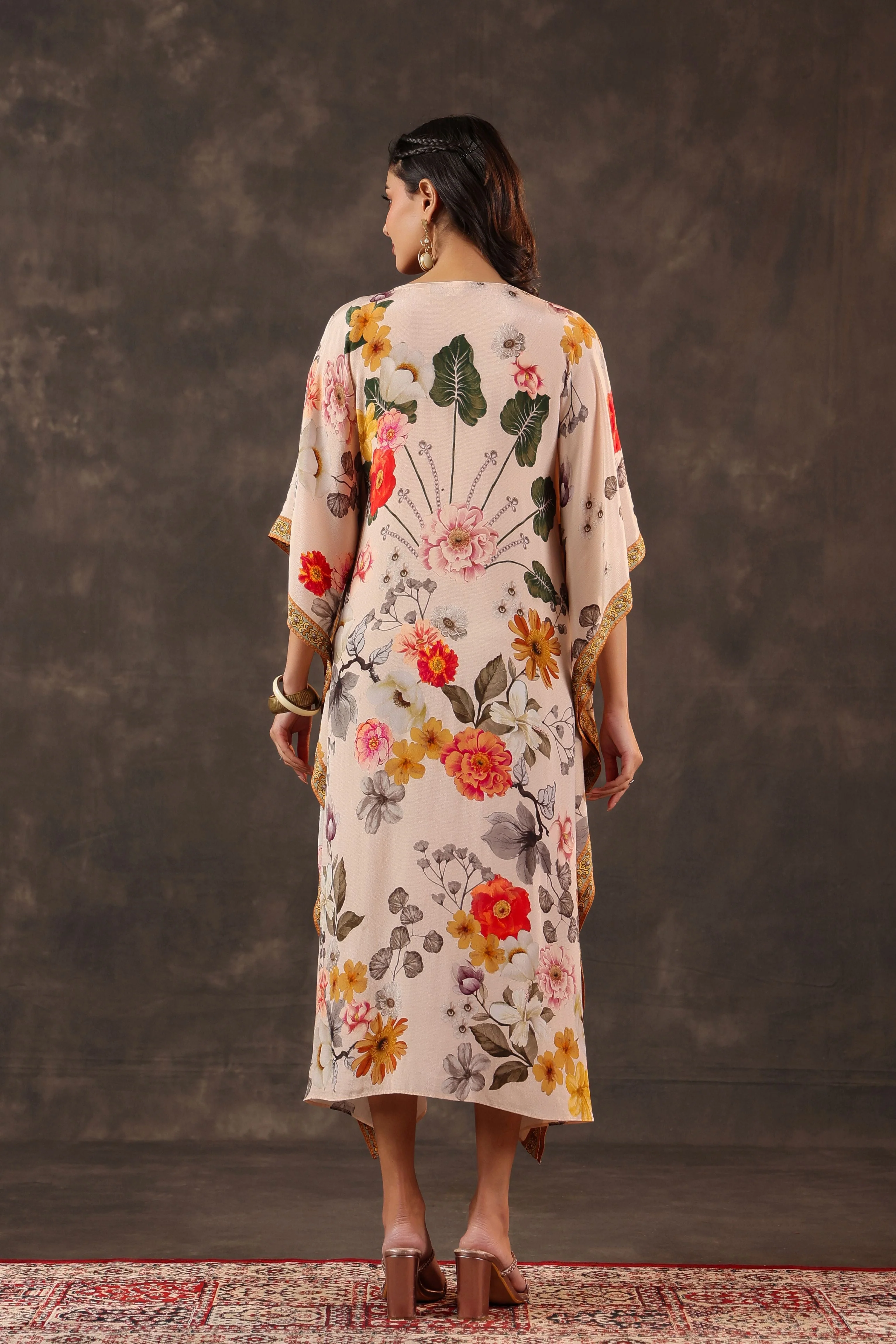 Soft Ivory Embellished Crepe Silk Kaftan Dress - Image 5