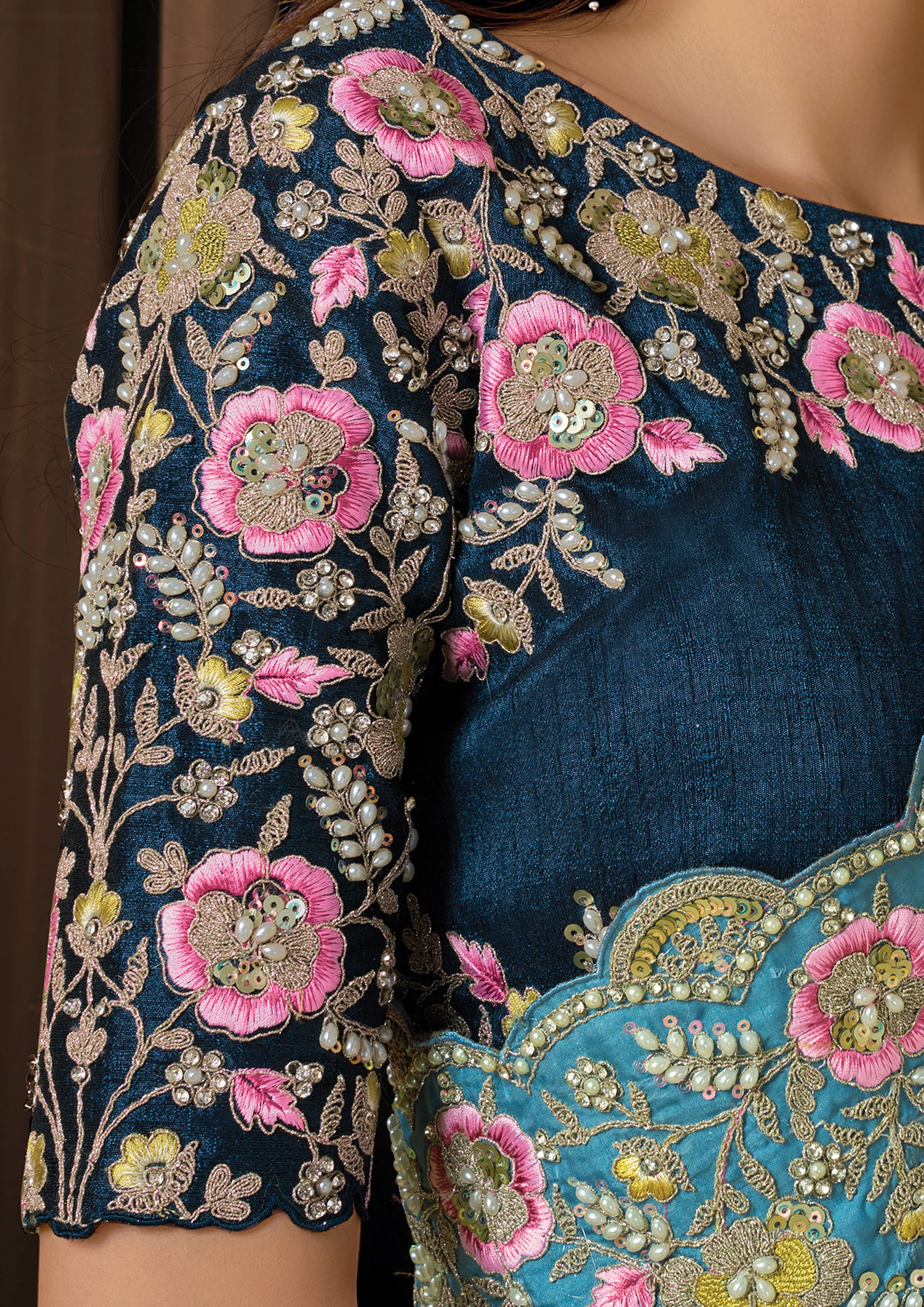 Dusty Blue Embellished Uppada Silk Saree - Image 3