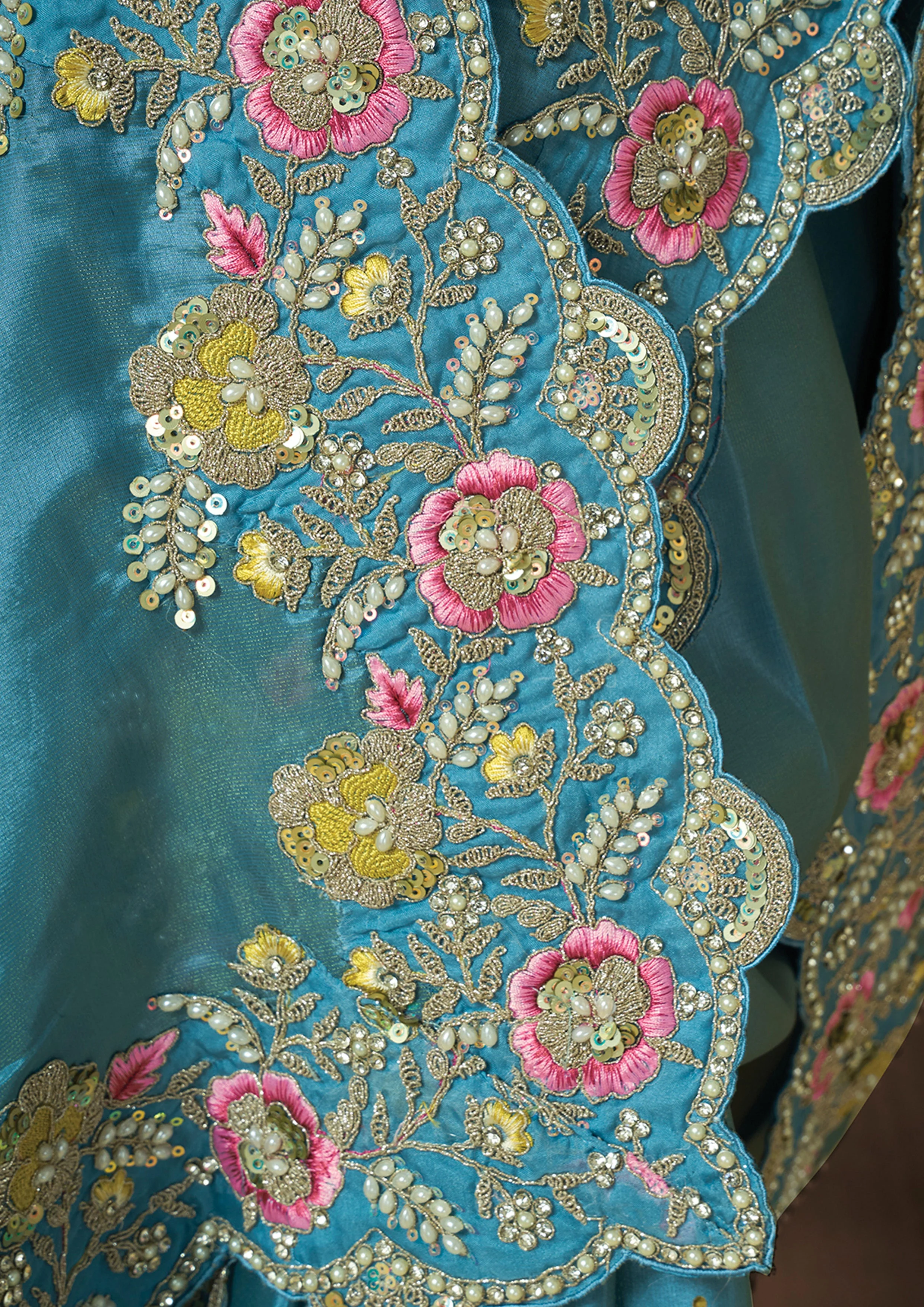 Dusty Blue Embellished Uppada Silk Saree - Image 4