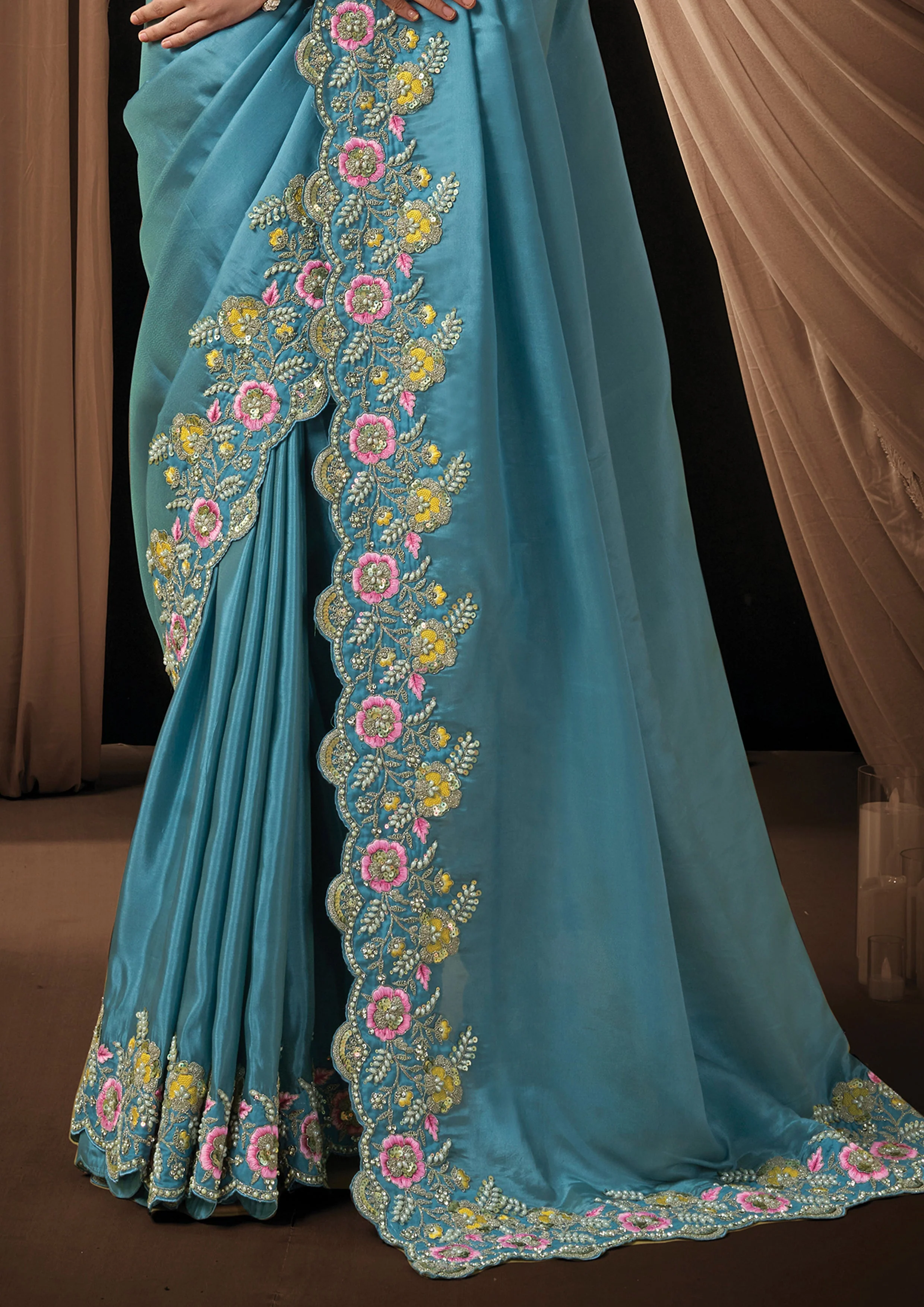 Dusty Blue Embellished Uppada Silk Saree - Image 5