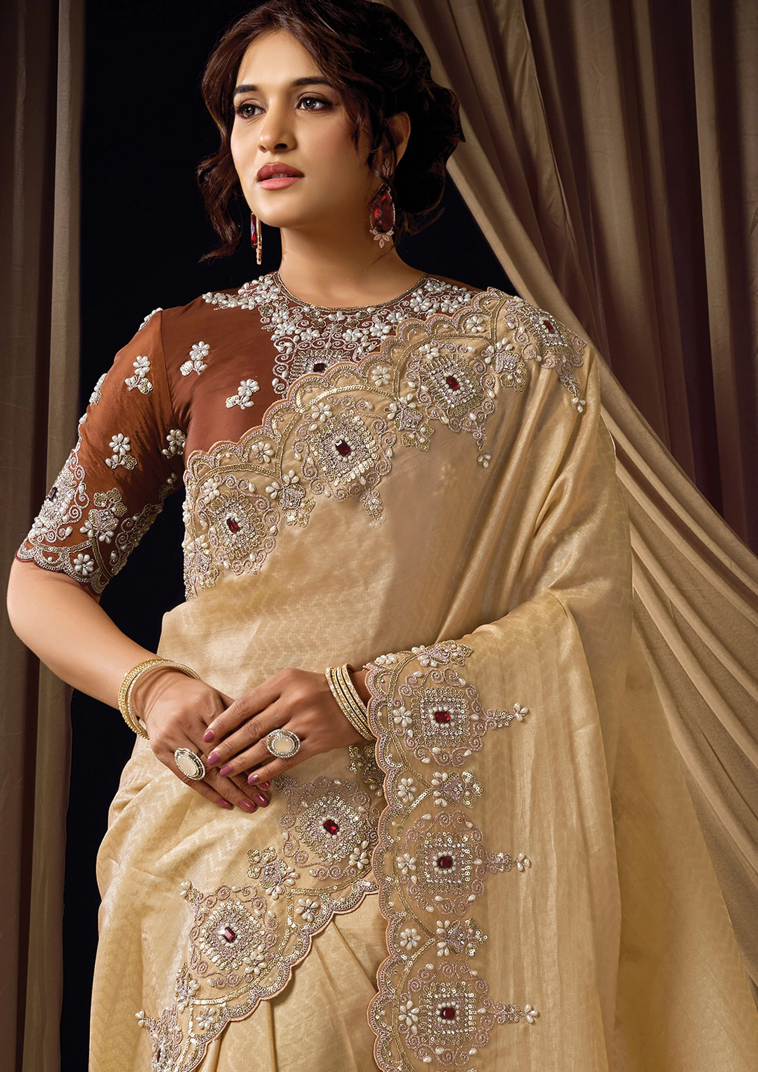 Soft Beige Embellished Woven Jacquard Silk Saree - Image 3
