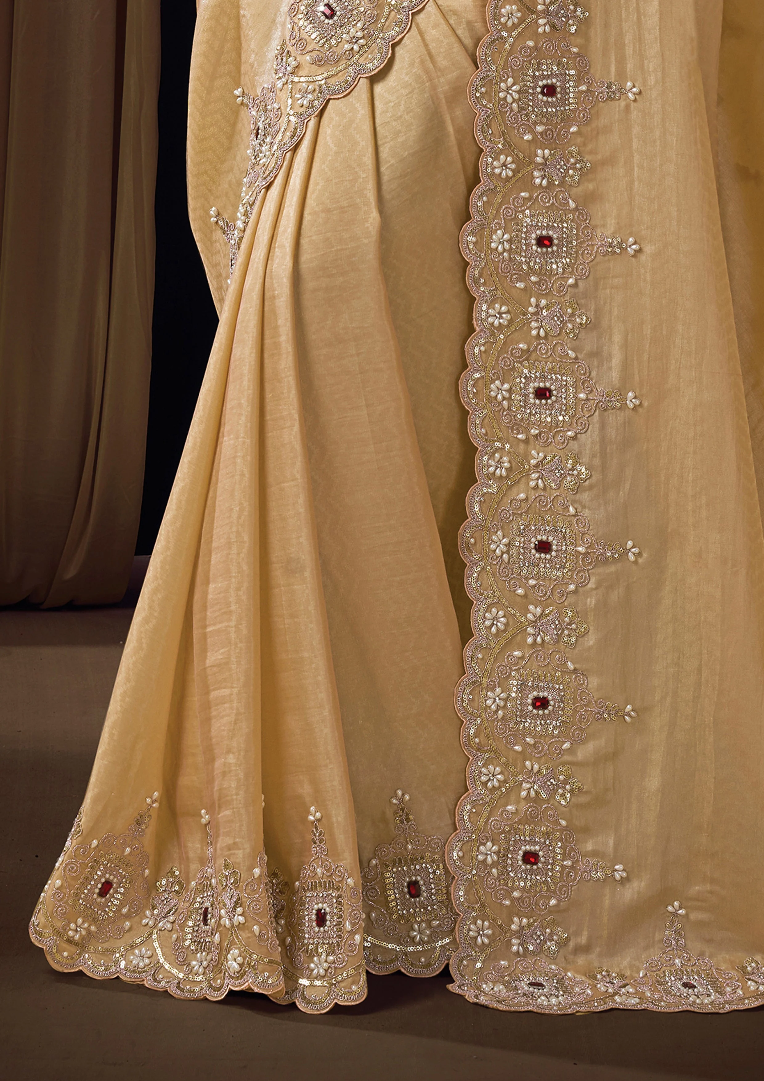 Soft Beige Embellished Woven Jacquard Silk Saree - Image 4