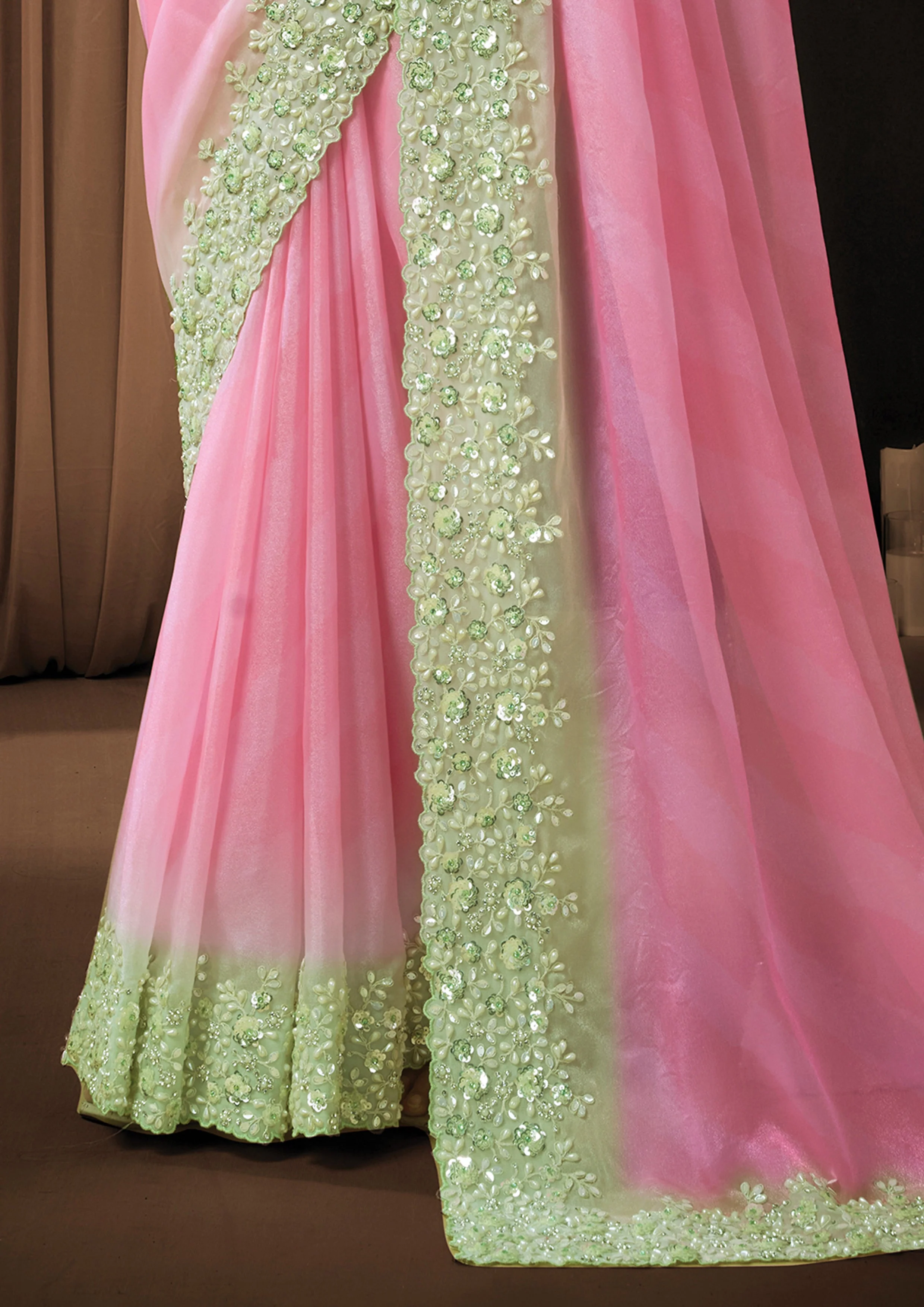 Pista Pink Ombre Embellished Georgette Silk Saree - Image 3