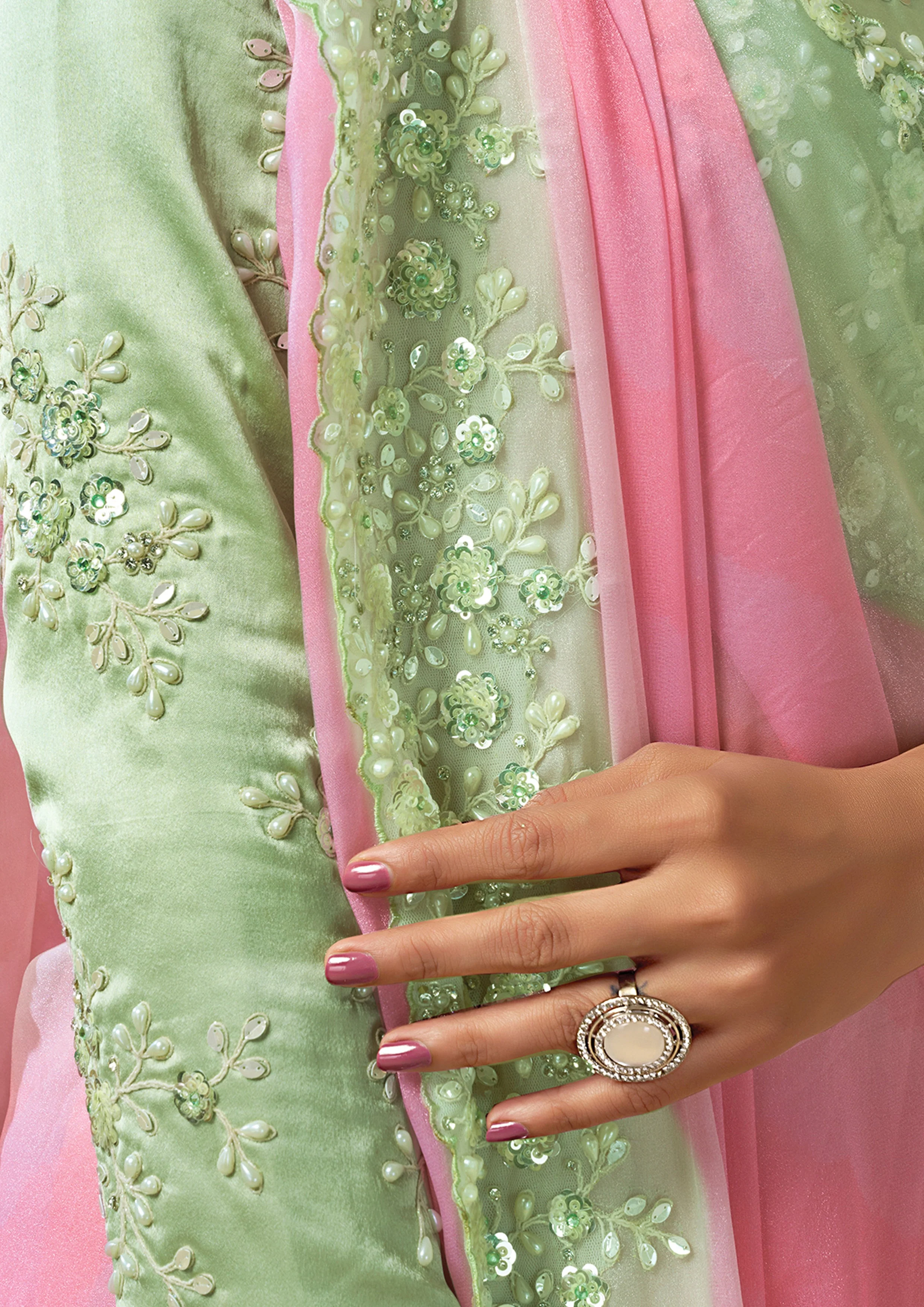 Pista Pink Ombre Embellished Georgette Silk Saree - Image 4