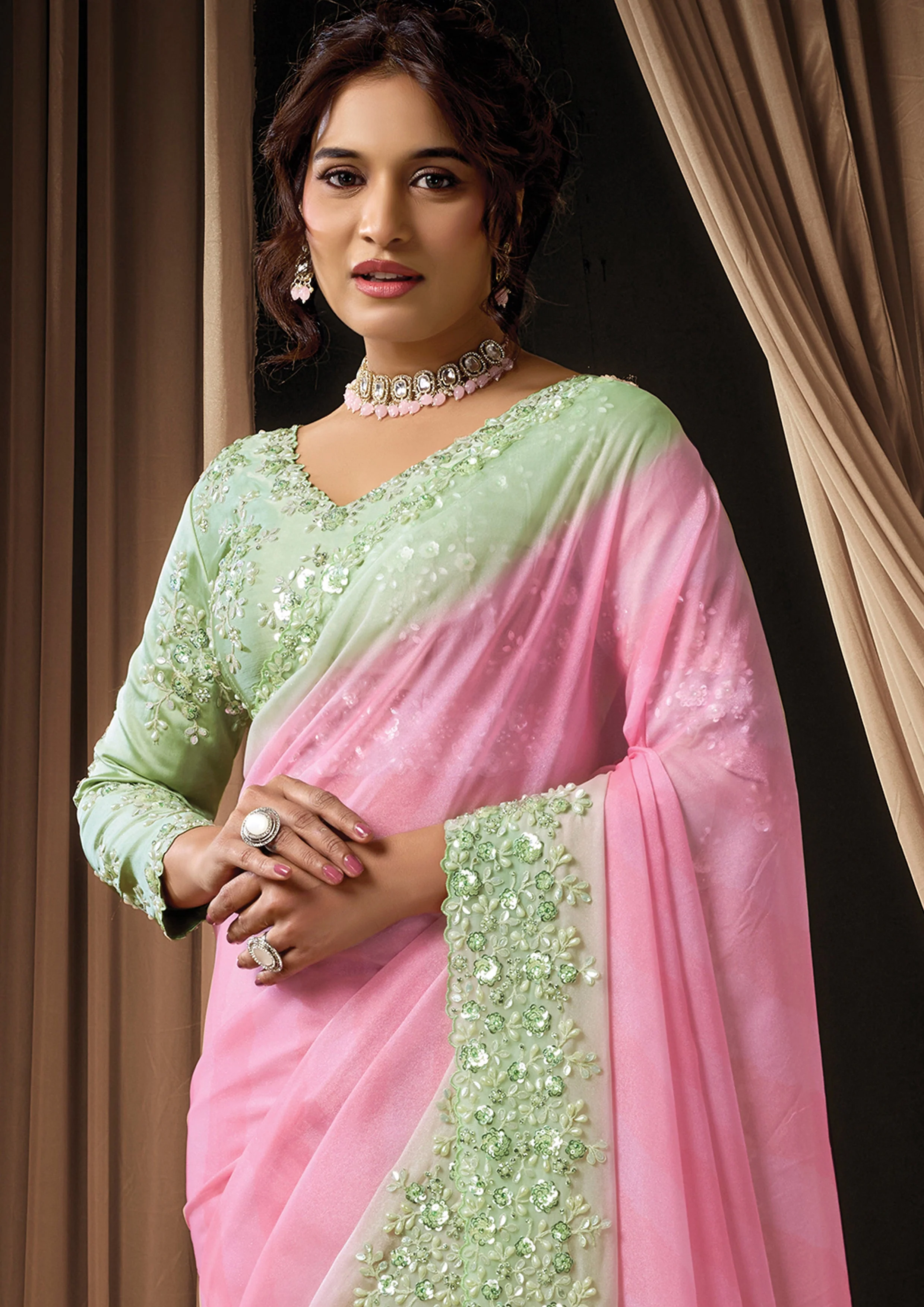 Pista Pink Ombre Embellished Georgette Silk Saree - Image 5
