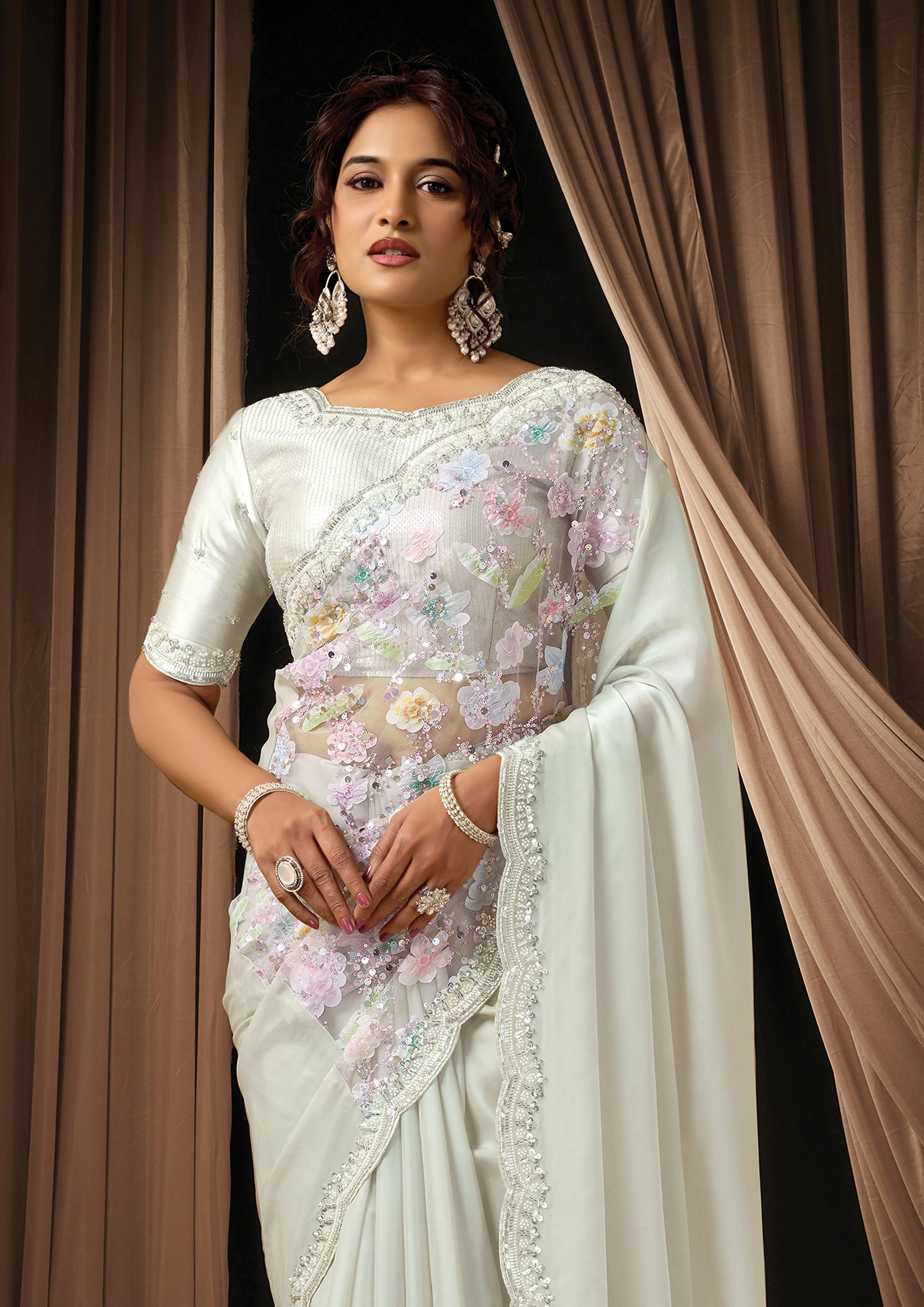 Light Grey Embellished Satin Silk Saree - Image 3