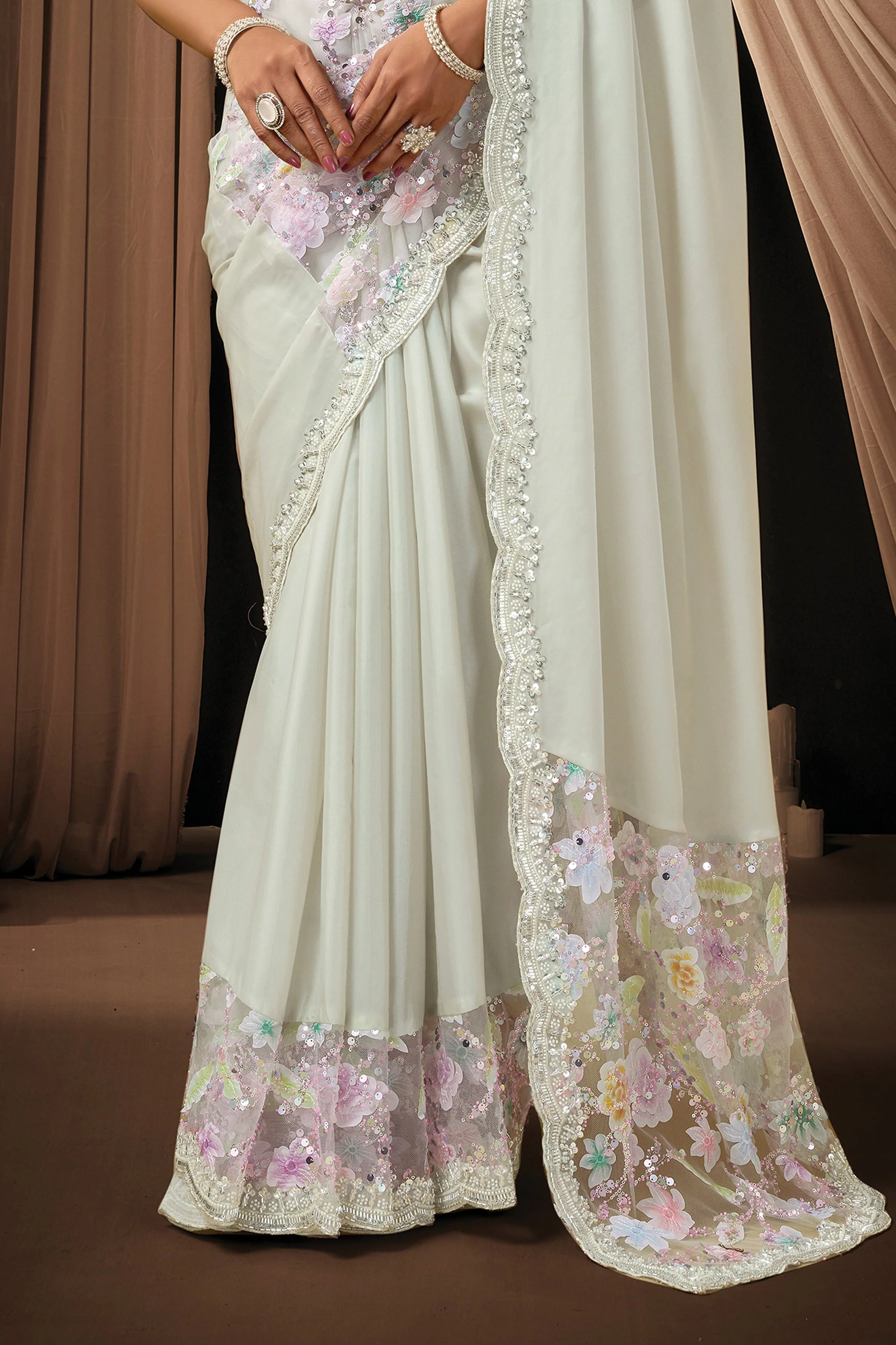Light Grey Embellished Satin Silk Saree - Image 4