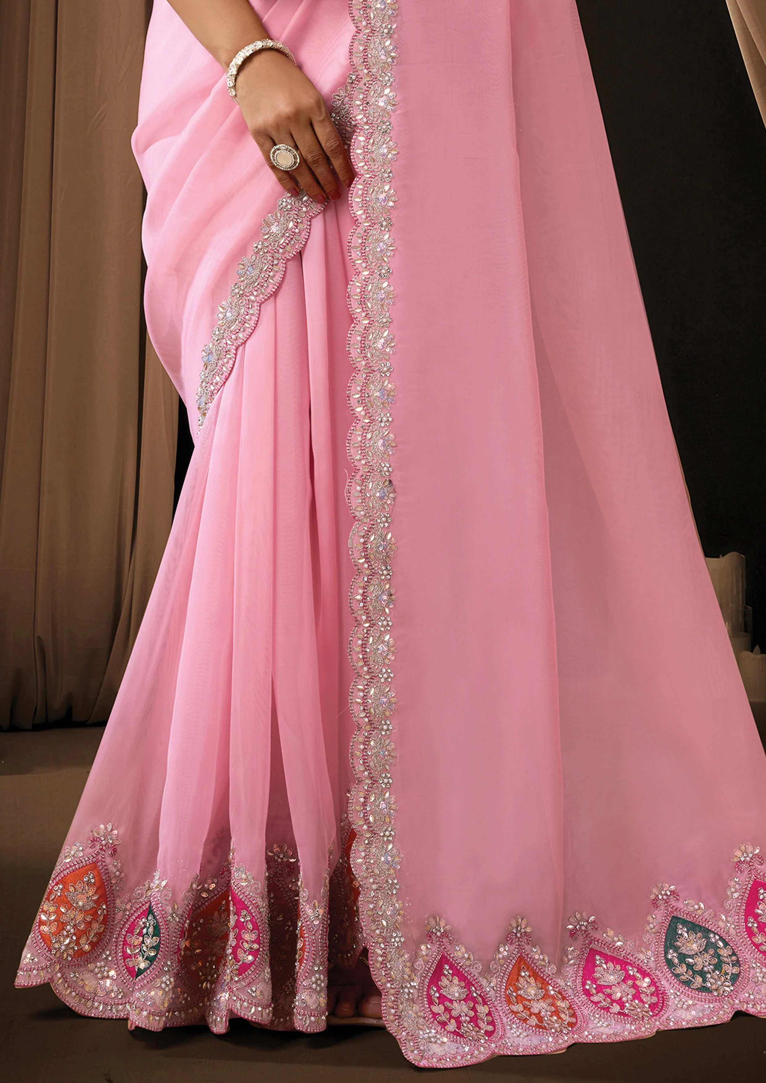Soft Pink Embellished Tissue Organza Silk Saree - Image 4