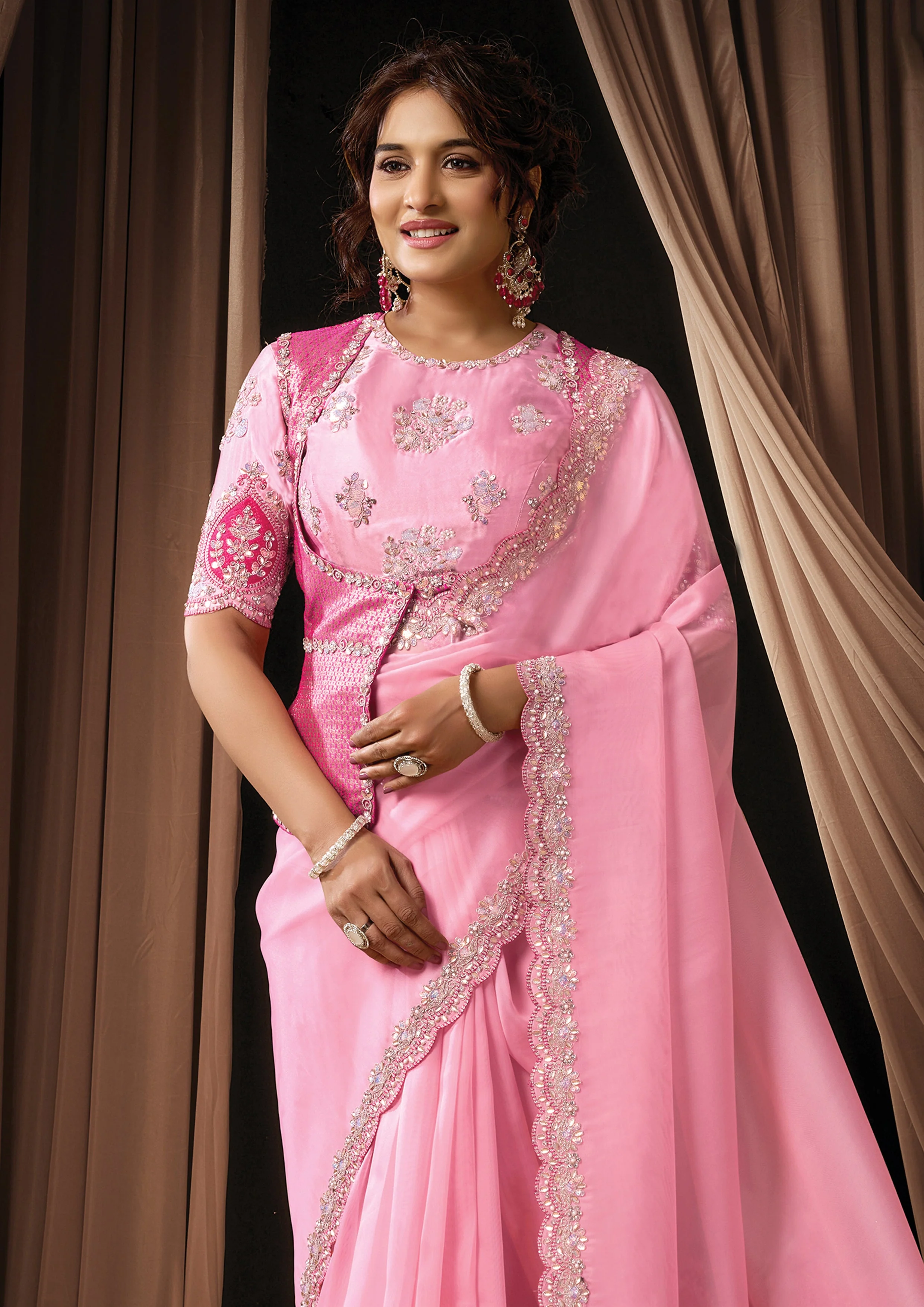 Soft Pink Embellished Tissue Organza Silk Saree - Image 5