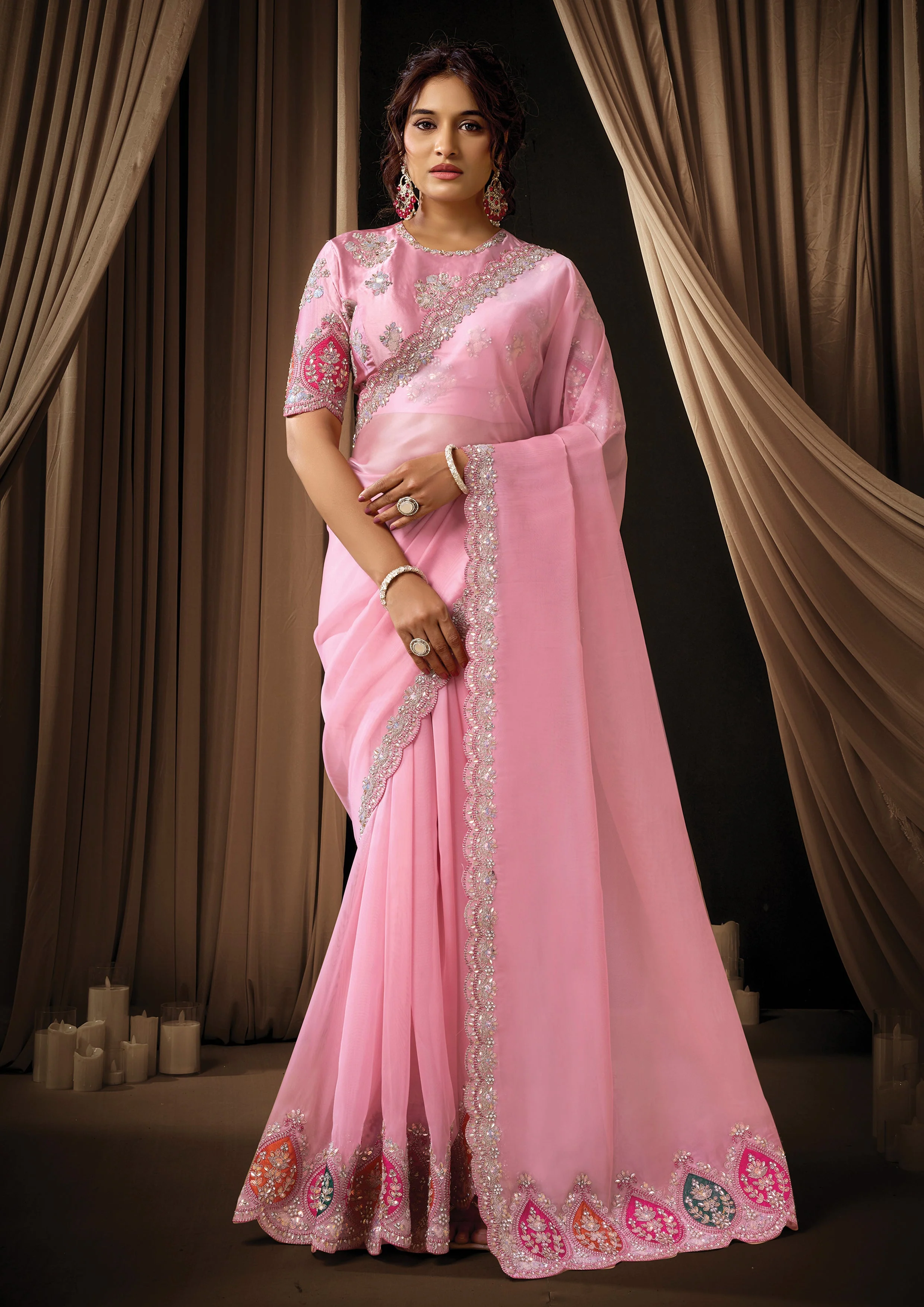 Soft Pink Embellished Tissue Organza Silk Saree - Image 6