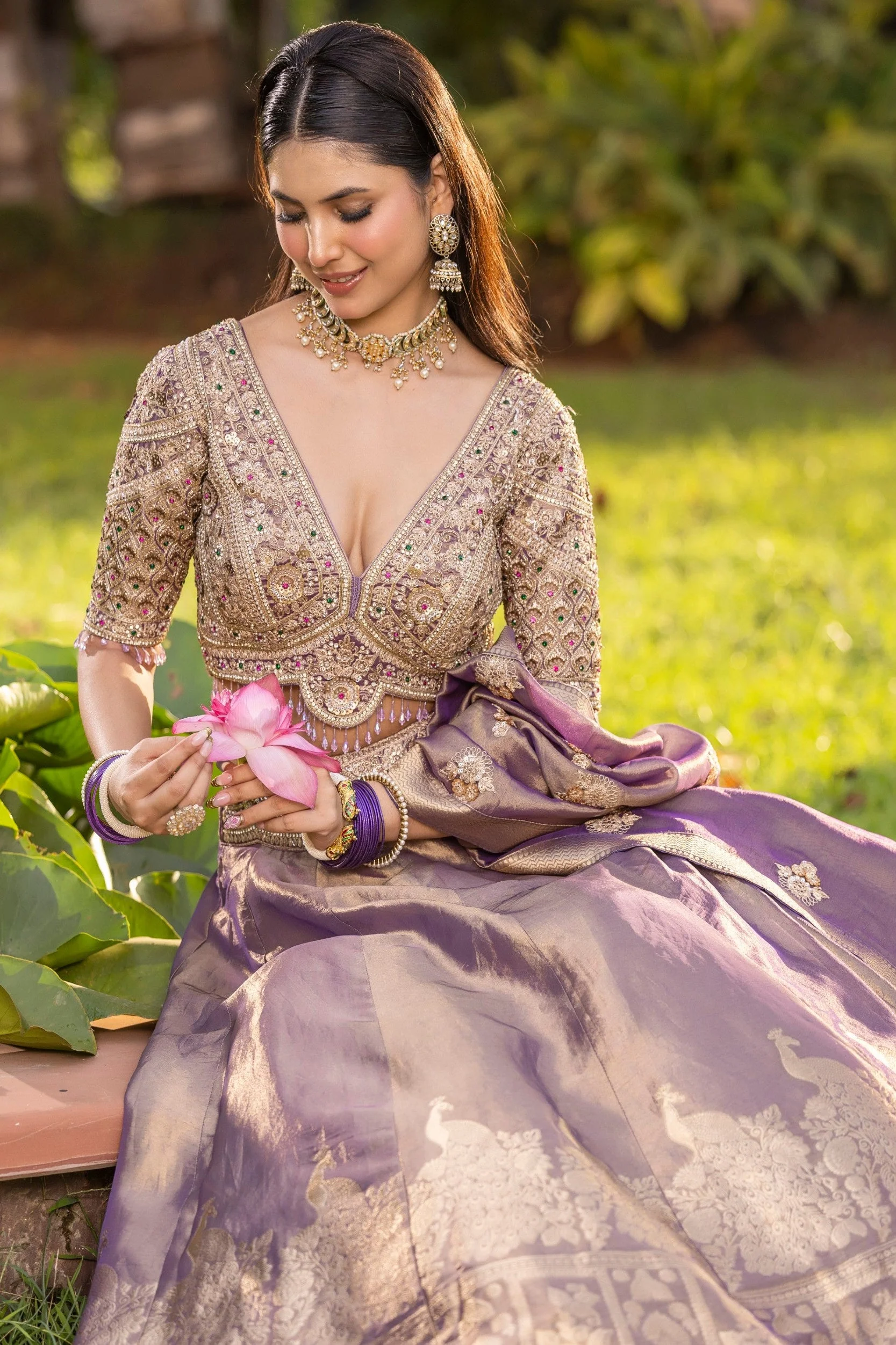 Soft Lilac Embellished Banarasi Silk Lehenga Set - Image 2