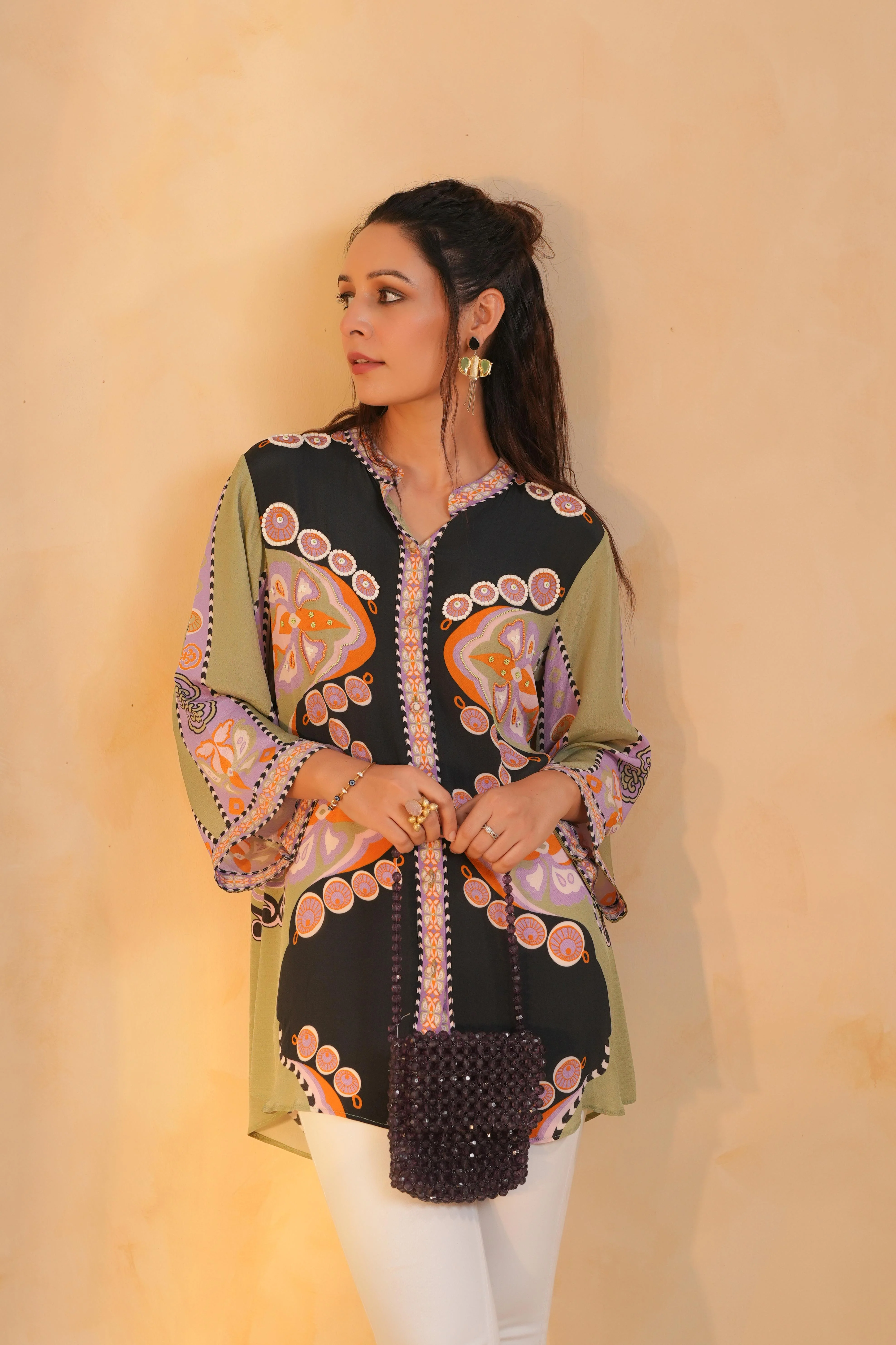 Black Printed Viscose Crepe Top - Image 3