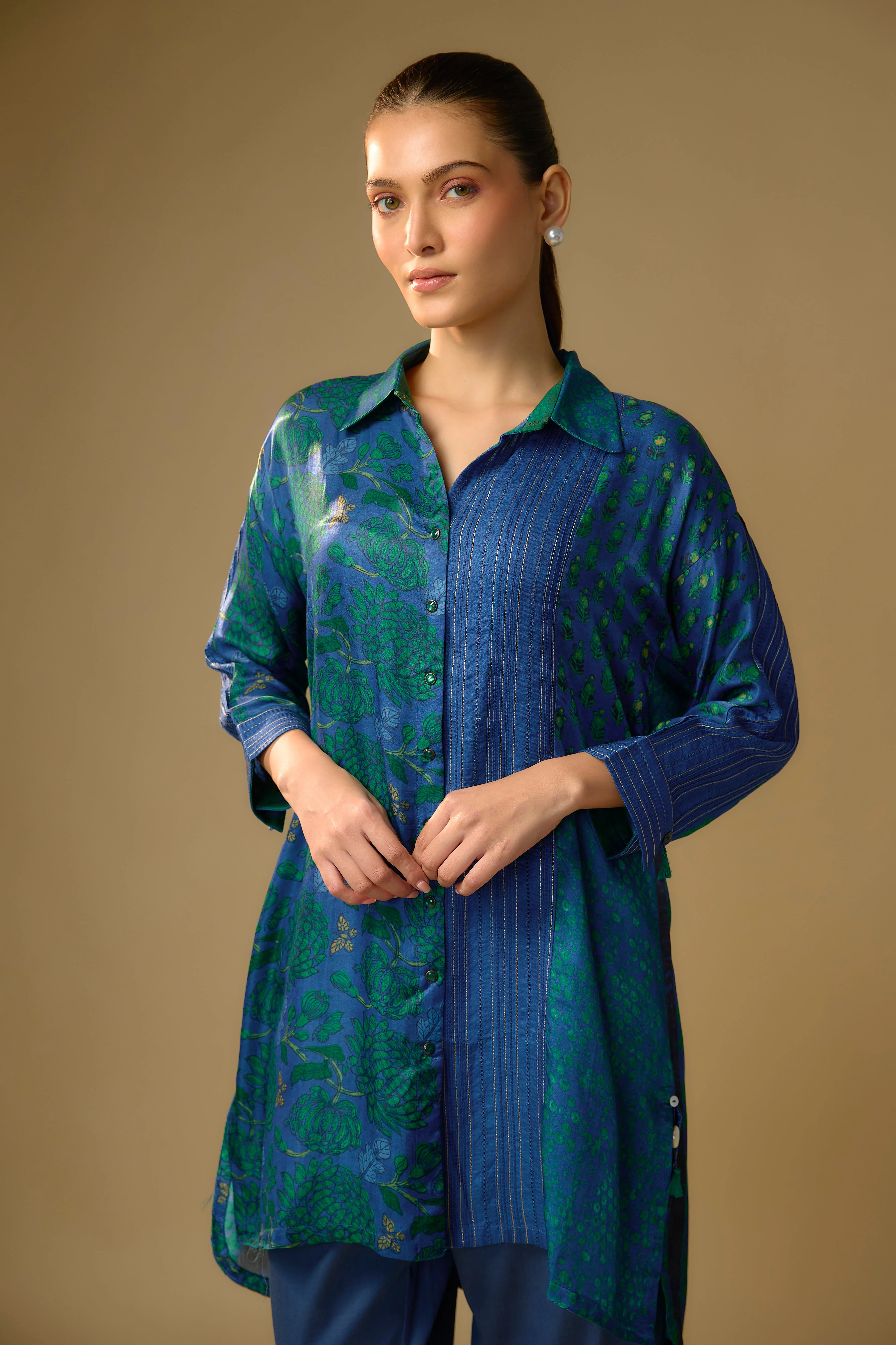 Summer Blue Printed Slub Cotton Silk Tunic Top - Image 2